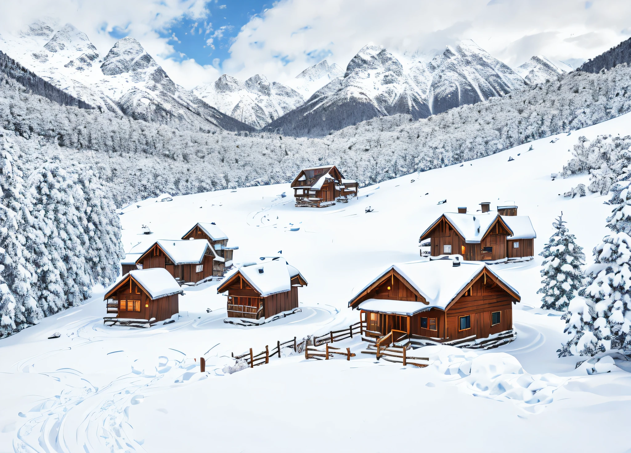 Snowy mountains，There were several houses with snow on them，8k，High quality ultra-clear，