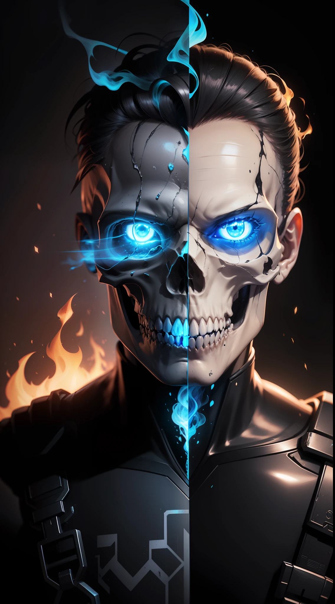 Obra prima, melhor qualidade, art-station, 1 Skull on Fire, ultra realistic, black background, galaxy, infinite blue eyes, 8k, realism, glowing, iridecent, hyper - detailed vibrant cinematic, ambient occlusion, chromatic aberration