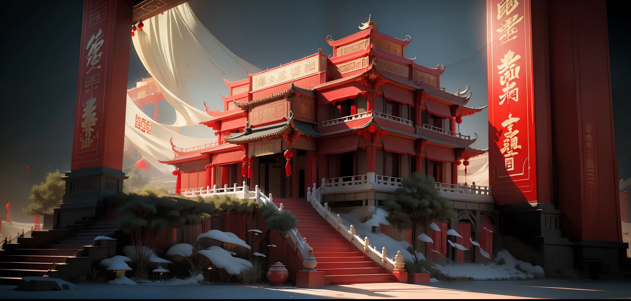 Red cloth,Rendering of a festive 3D installation of the Tang Palace in China draped in red silk,Festive scenes,Wedding scenes,Red mood,Beautiful abstraction,Imaginative,Chinese totem,Immersive stage design style,Immersive,Chinese elements on stage,Stand-alone model,spatial concept art,Cinema4D rendering,UHD 4k , HD