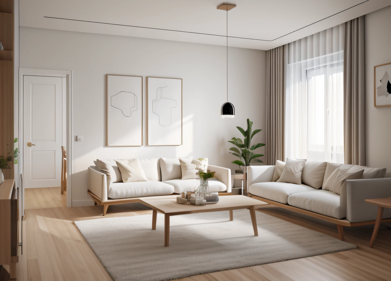 A beautiful modern living room，white colors，A white sofa，Have minimal pictures on the wall，Linen curtains next to classroom windows， Modern wood，[ceiling with magnetic emissive lighting]，White fabric PRB texture，wooden floor PRB texture，There are three hangers hanging from the railing，inside in room，modern living room，carpets，wooden floor，janelas，窗帘，sunlights，There are hangers hanging clothes in the wardrobe