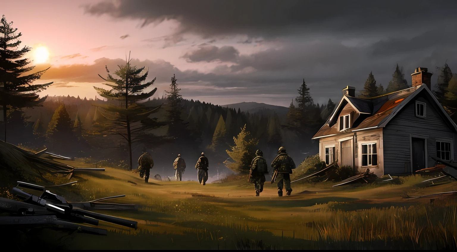 A forest filled with brush and fallen trees, with an abondoned European style house in the distant background, the battle field has dead zombies, guns laying on the ground dead soldiers, before sunset evening, overcast, damaged,