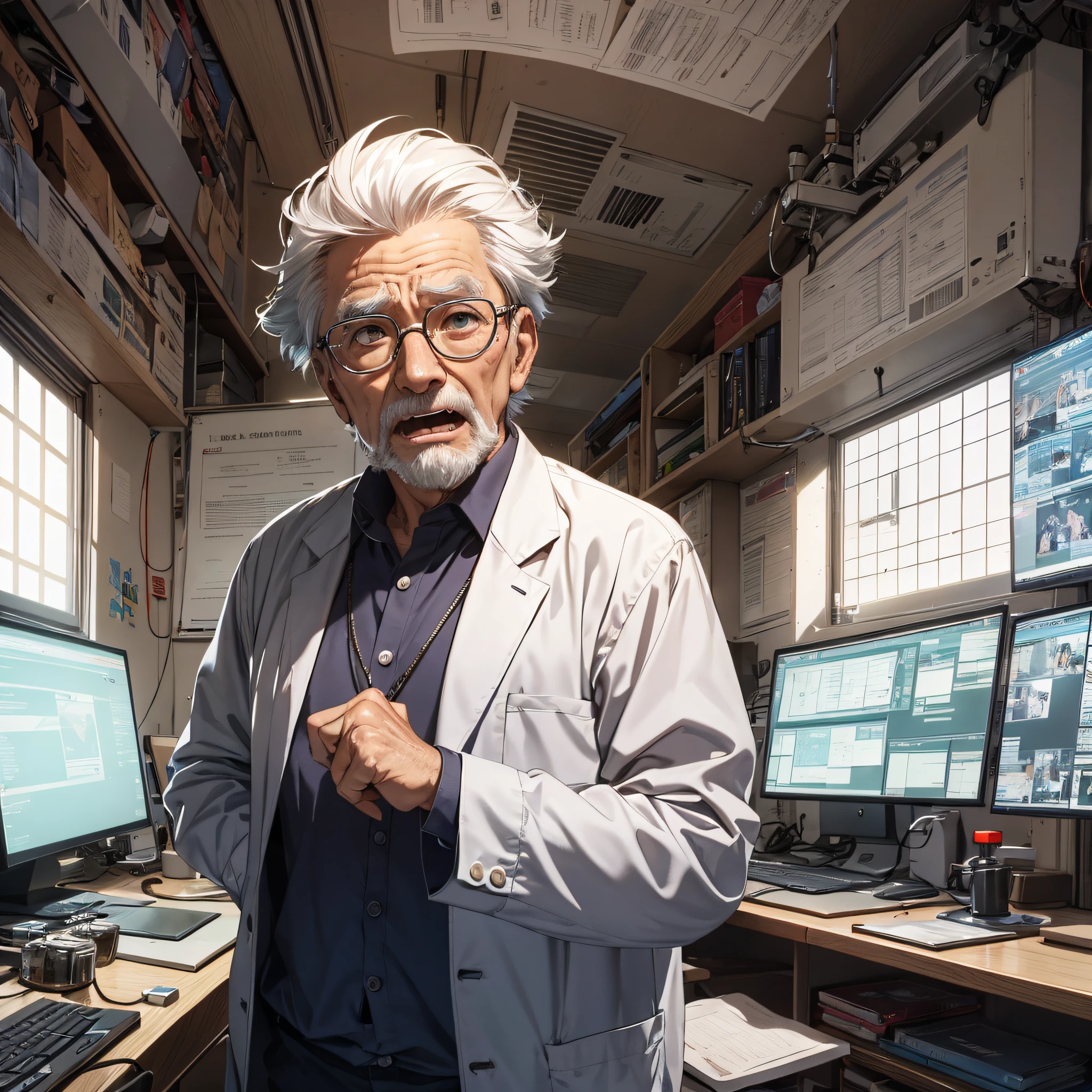 Ridiculous resolution,A high resolution,(tmasterpiece:1.4),1 old man with short white hair dressed as a scientist,Surprised and shocked expression(1.2),Open-mouthed,The background is a large scientific observatory with lots of big screens