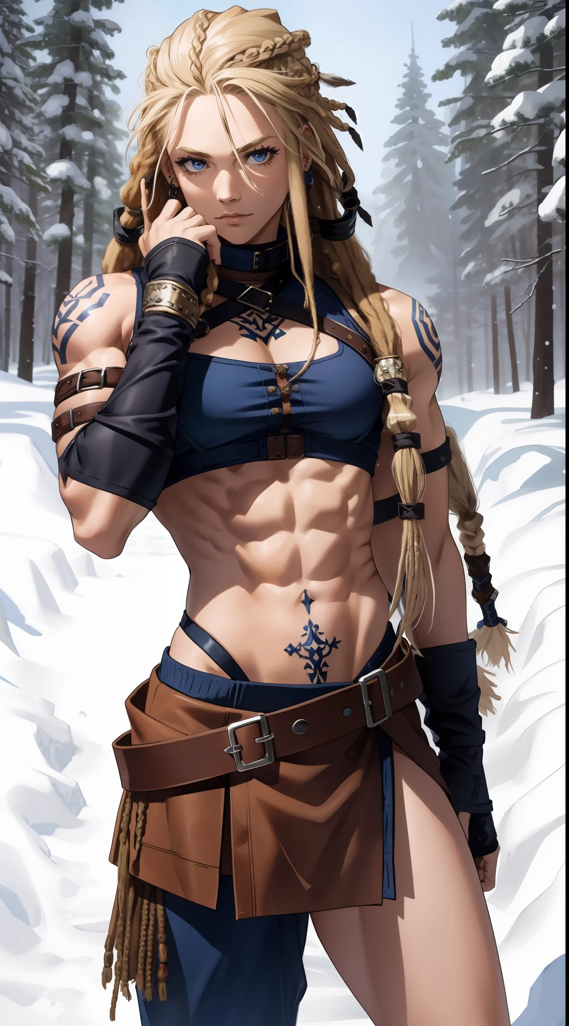 Solo female Vikings, (Young:1.2), (Muscular:1.2), coalescence, Wearing brown furs and hides, (Wear fur:1.3) (Blue Nordic tattoo:1.2), Blue eyes, Platinum blonde hair, (dreadlocks:1.7), (dreads:1.4), (Sideways:1.6), Warrior hair, The winter environment is Scandinavian forest, Snow, Bare arms, Exposed Navy, (Abs:1.2). Highly detailed, nordic, Berserker, Arm muscles, Leg muscles, (hulking:1.2), leather straps, (Tall:1.4)