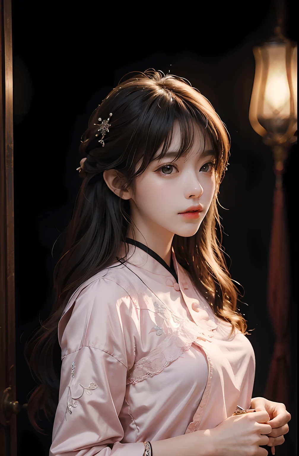 (RAW photos,best qualtiy),(Realiy,photographrealistic:1.3),best qualtiy,highly detailed,tmasterpiece,ultra - detailed,illustratio,1girl,The upper part of the body,dynamic angle,World Mastery Theatre,Long messy hair,best qualtiy,Very detailed CG Unity 8k wallpaper,ink,astounding,Silk nightdress,电影灯光,lens