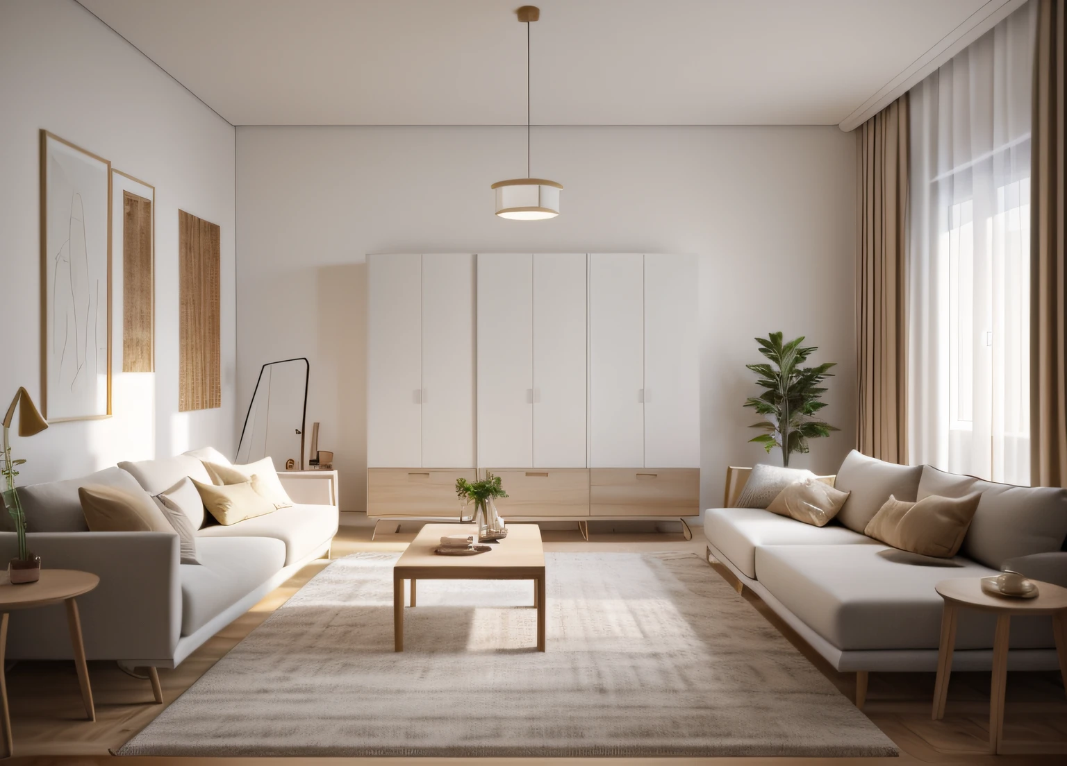 A beautiful modern living room，white colors，A white sofa，Have minimal pictures on the wall，Linen curtains next to classroom windows， Modern wood，[ceiling with magnetic emissive lighting]，White fabric PRB texture，wooden floor PRB texture，There are three hangers hanging from the railing，inside in room，modern living room，carpets，wooden floor，janelas，窗帘，sunlights，There are hangers hanging clothes in the wardrobe