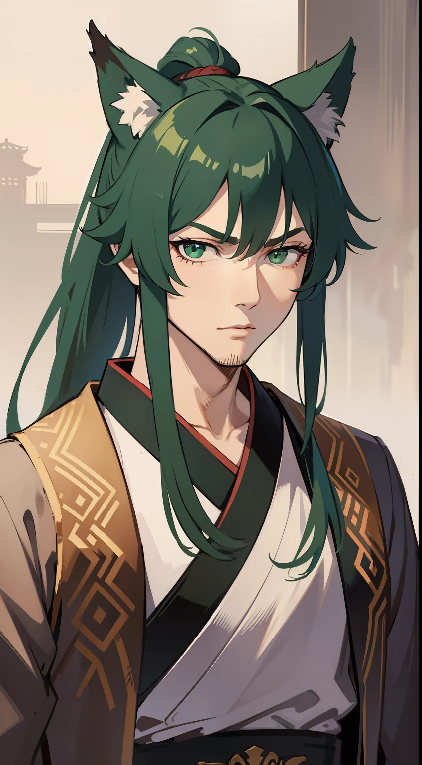 Tall guy, long green hair,high ponytail, Green eyes, wolf ears, hanfu, a sword, A Serious Look, Masterpiece, hiquality
