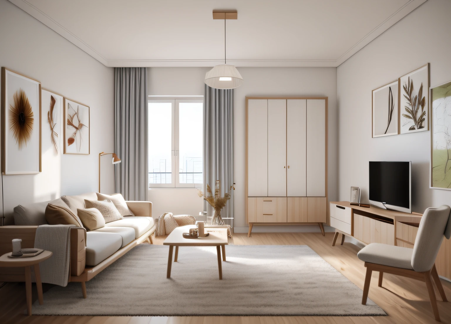 A beautiful modern living room，white colors，A white sofa，Have minimal pictures on the wall，Linen curtains next to classroom windows， Modern wood，[ceiling with magnetic emissive lighting]，White fabric PRB texture，wooden floor PRB texture，There are three hangers hanging from the railing，inside in room，modern living room，carpets，wooden floor，janelas，窗帘，sunlights，There are hangers hanging clothes in the wardrobe