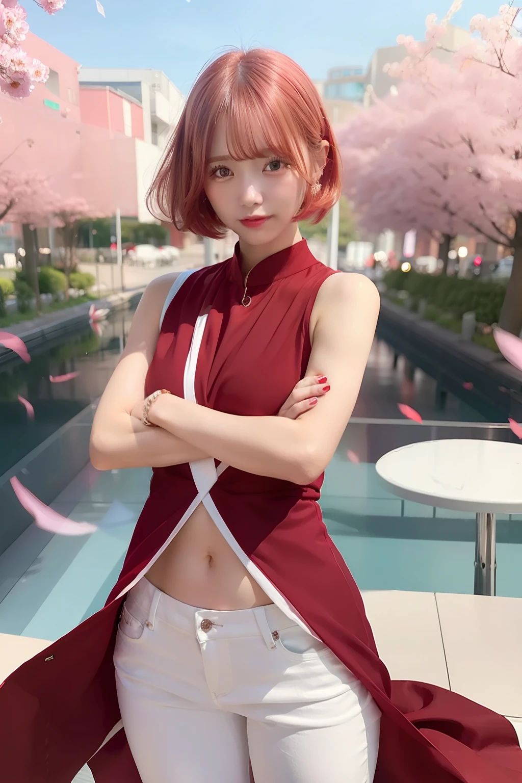 1girl, red dress, white jeans, short hair, pink hair, ultra detail, realistic, 70mm lens