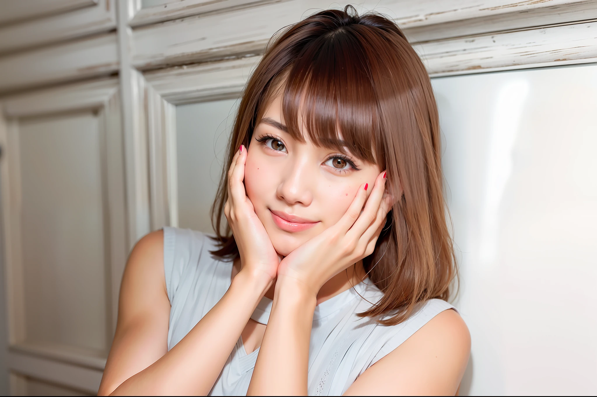 There is a woman with short brown hair posing for a photo, young cute wan asian face, Young adorable Korean face, smiling fashion model face, the face of a beautiful Japanese girl, Beautiful young Korean woman, Young Asian Woman, chiho, Gorgeous young Korean woman, a young asian woman, elegant smiling pose, Beautiful young asian woman, Put hand on cheek, dramatic smile pose