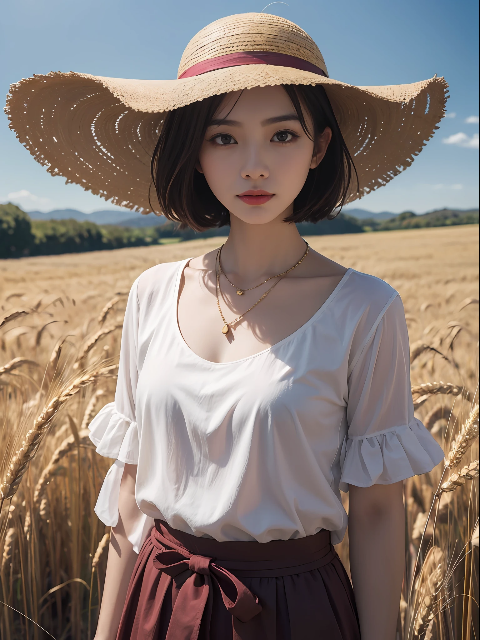 (Masterpiece) , (Best quality:1.0) , (超高分辨率:1.0) , Detailed illustration , Portrait ,Detailed , Girl Yi standing in the wheat field , A half body , Straw hat , hat ornament , floatinghair , Looks to the side , Merlot , pastelcolor , Autumn , Short hair , Wind , Blue sky ,necklace , view the viewer , (foreground .Wheat) , blurryforeground.