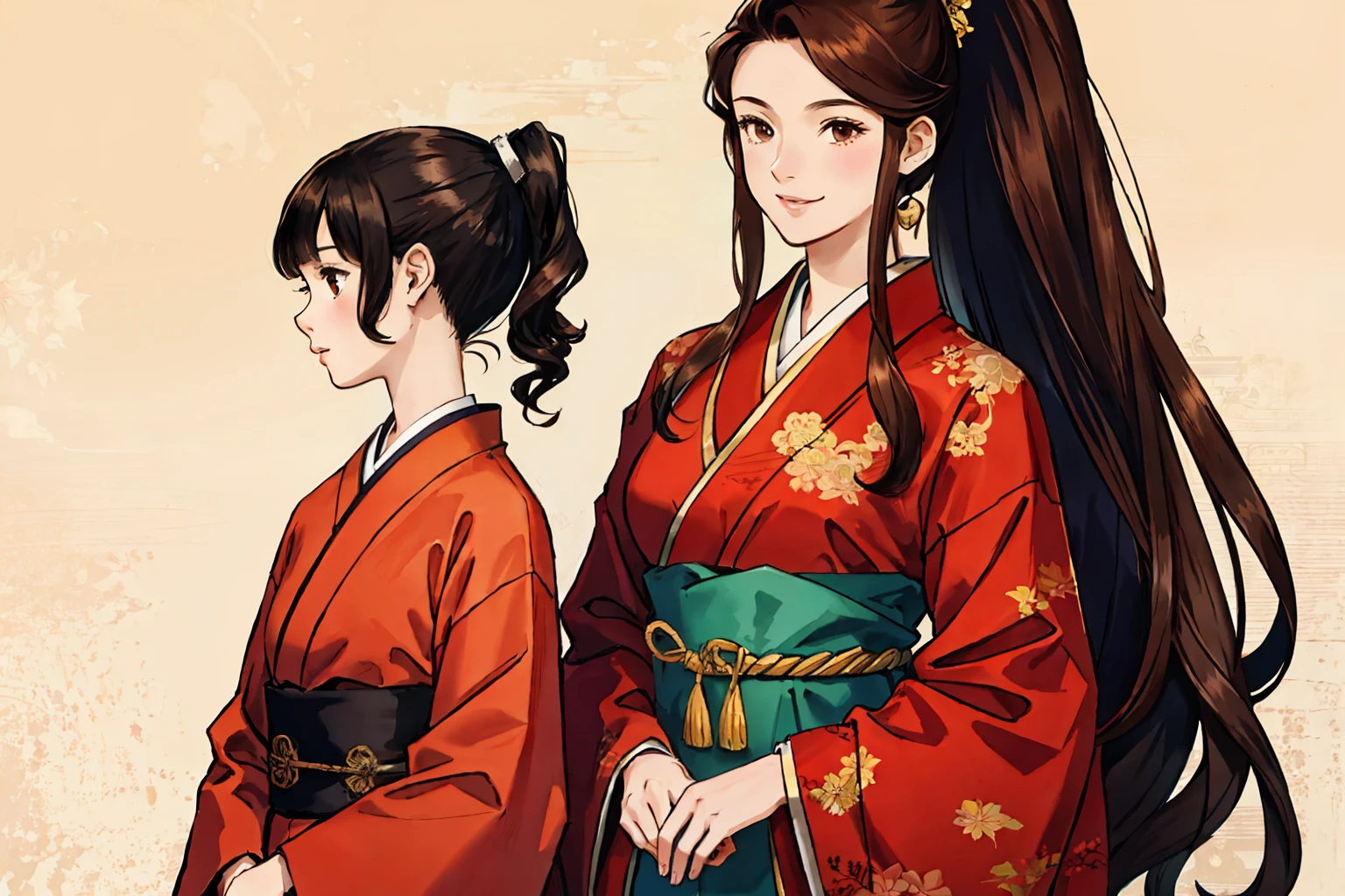 (Best quality at best),Oriental detailed background,Girl with woman,Two women,There is a height difference,The short one is a dark-haired ponytail,The tall one has brown hair and wavy long hair