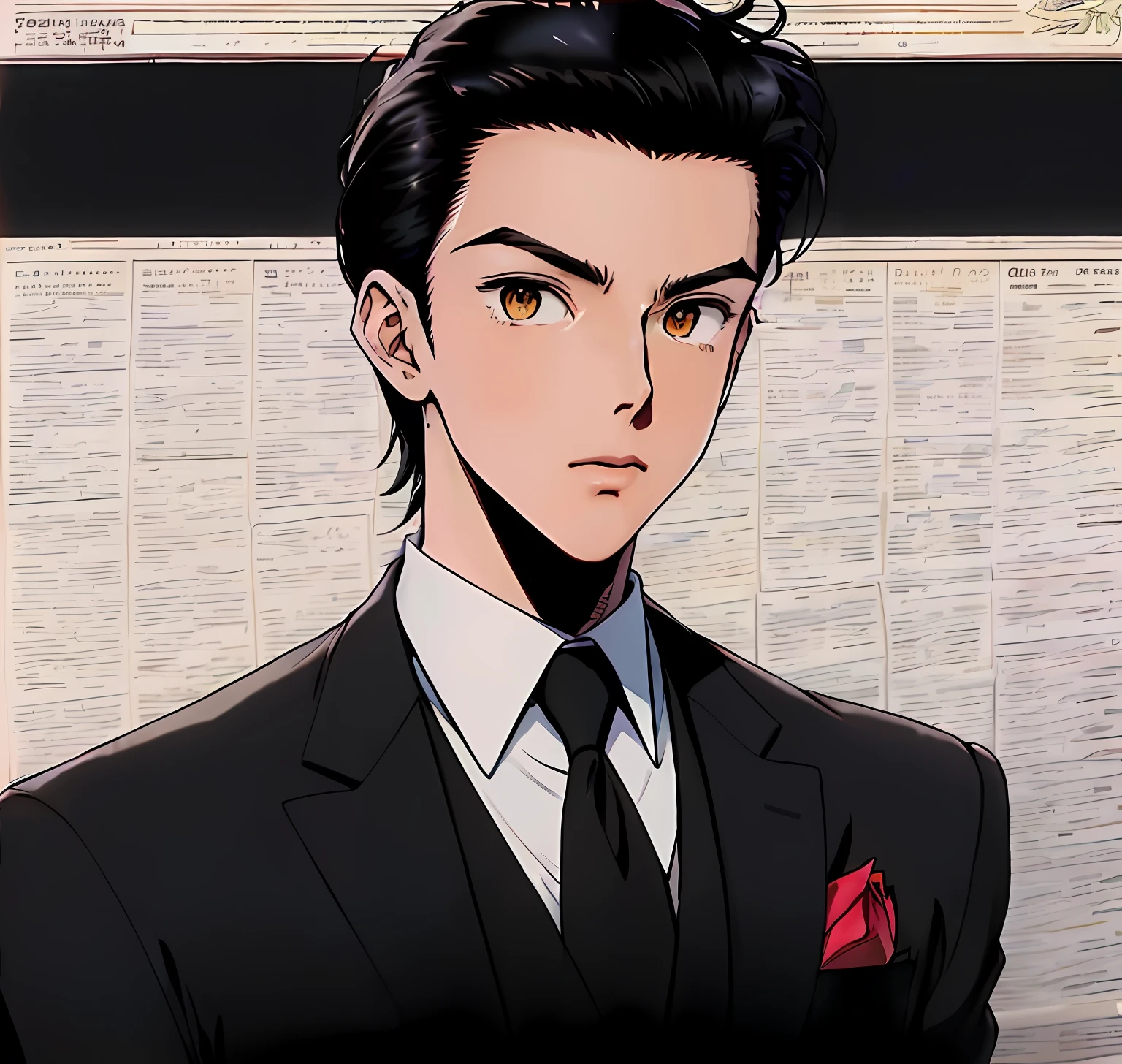 a close up of a man in a suit and tie，A red rose was stuck in her hair, kentaro miura manga art style, offcial art, phoenix wright, kentaro miura manga style, tsurumaki kazuya, in phoenix wright ace attorney, Anime handsome man, ace attorney style, shuushuu anime image