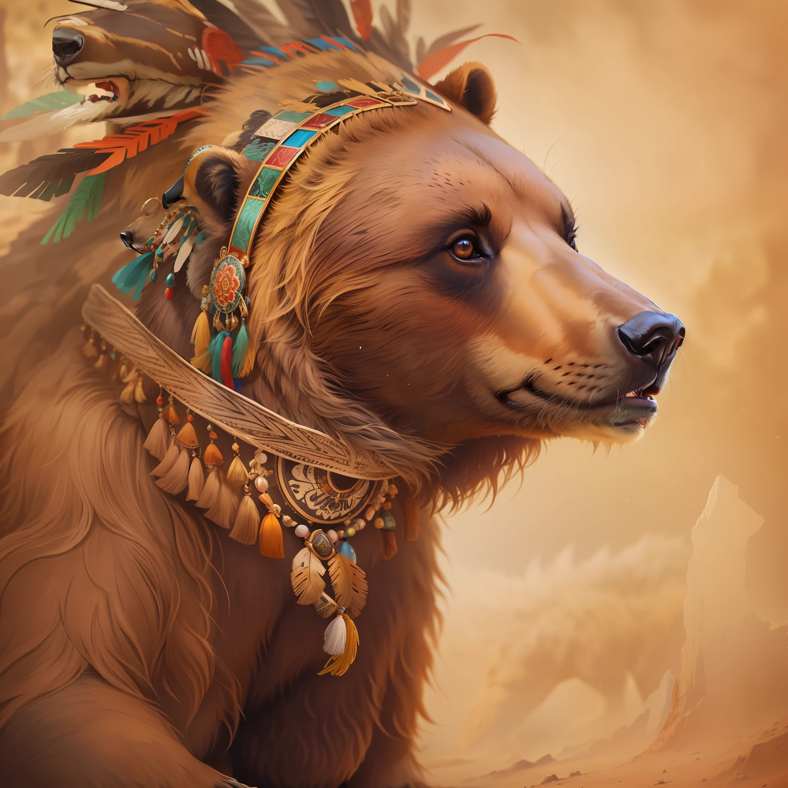 A brown bear with fierce indigenous accessories standing, imagem alto detalhe, simetria, Arte de Fantasia