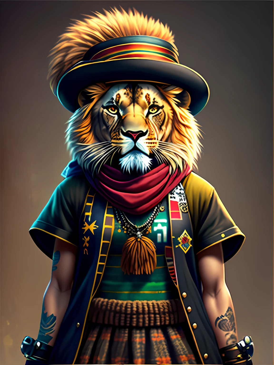 Image of a lion with hat and scarf, Art Station Trend, vestido com roupas punk, hyper realistic detailed rendering, British gang member, estilo urbano, pose intimidadora, Planet of the lions, roupas da moda, samurai urbano, miau, West Slavic traits, 8 1 5