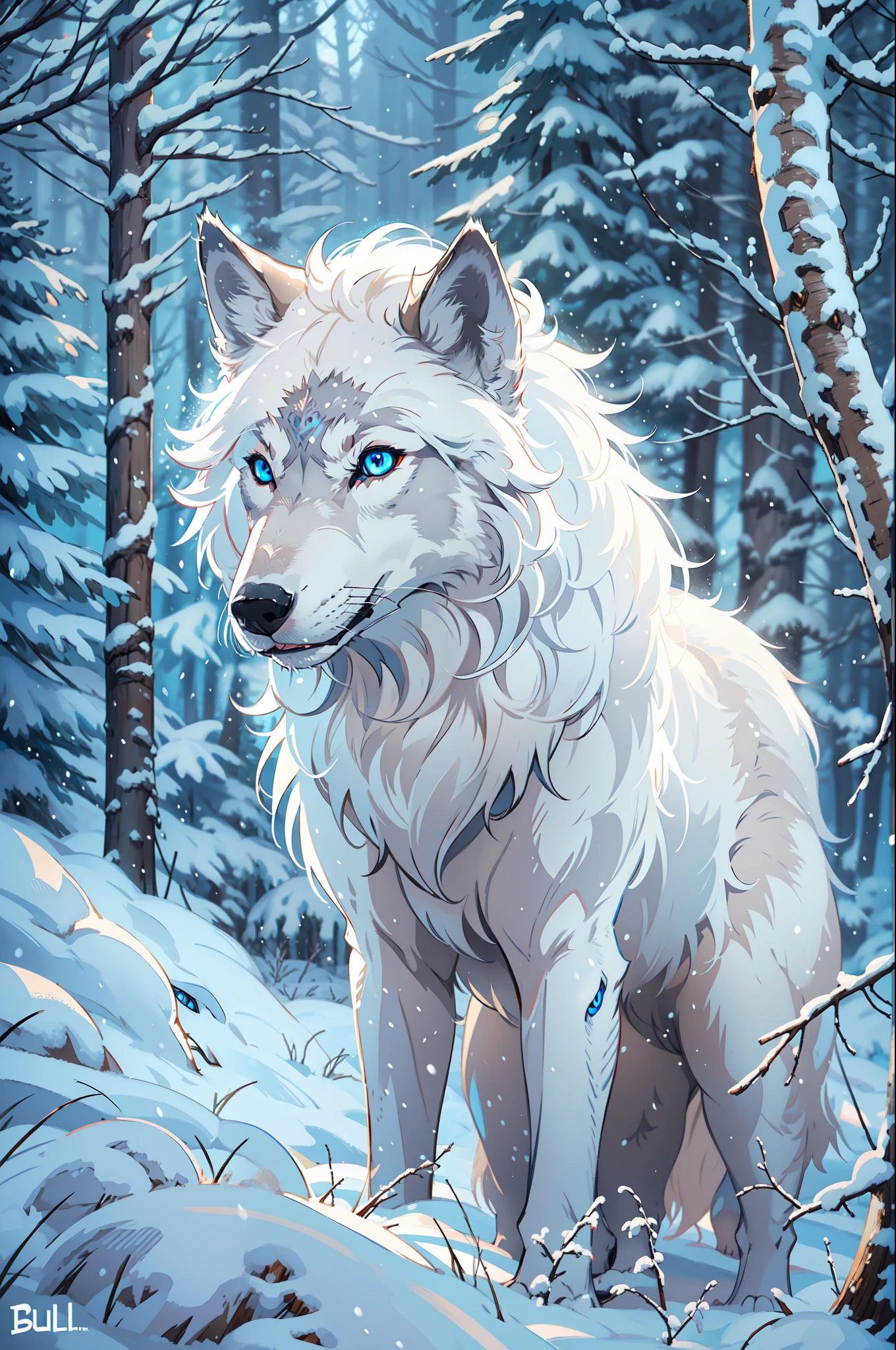 winter wolf, piercing blue eyes, white fur, Setting is a Scandinavian forest in winter, snow, Highly detailed, (bulky:1.2), strong, big, looking at viewer