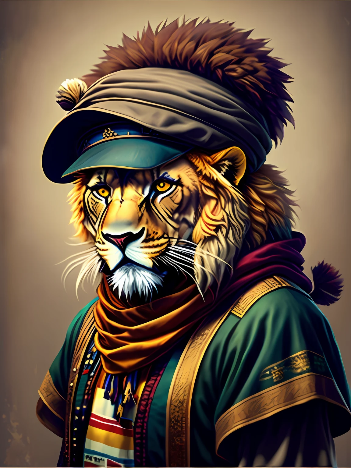 Image of a lion with hat and scarf, Art Station Trend, vestido com roupas punk, hyper realistic detailed rendering, British gang member, estilo urbano, pose intimidadora, Planet of the lions, roupas da moda, samurai urbano, miau, West Slavic traits, 8 1 5