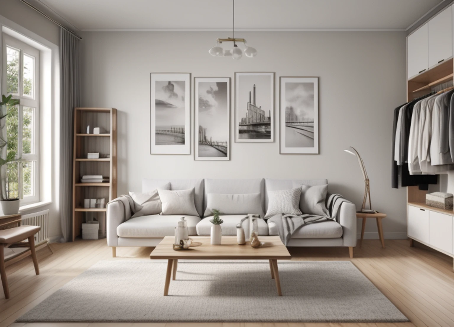 Scandinavia_Living room， Masterpiece painting， scandinavian style， wooden floor，There are three hangers hanging from the railing, grayish, arcadia, Open V chest clothes, Gray color, soft!!, designed for cozy aesthetics!, Arc, laundry hanging, solid grey, full subject shown in photo, flat grey, Various colors, basic clothing, puffynipple, A pair of ribs, Full clothing, smooth white tight clothes suit, a picture by Sengai, unsplash, sōsaku hanga, Wang Chen, 2 colours, cheerful mood, Hanging, Arc, rendering, elegant wardrobe, h. Show on the. D, Product display, jia, : 5 stylish, 9 0 mm, 90mm