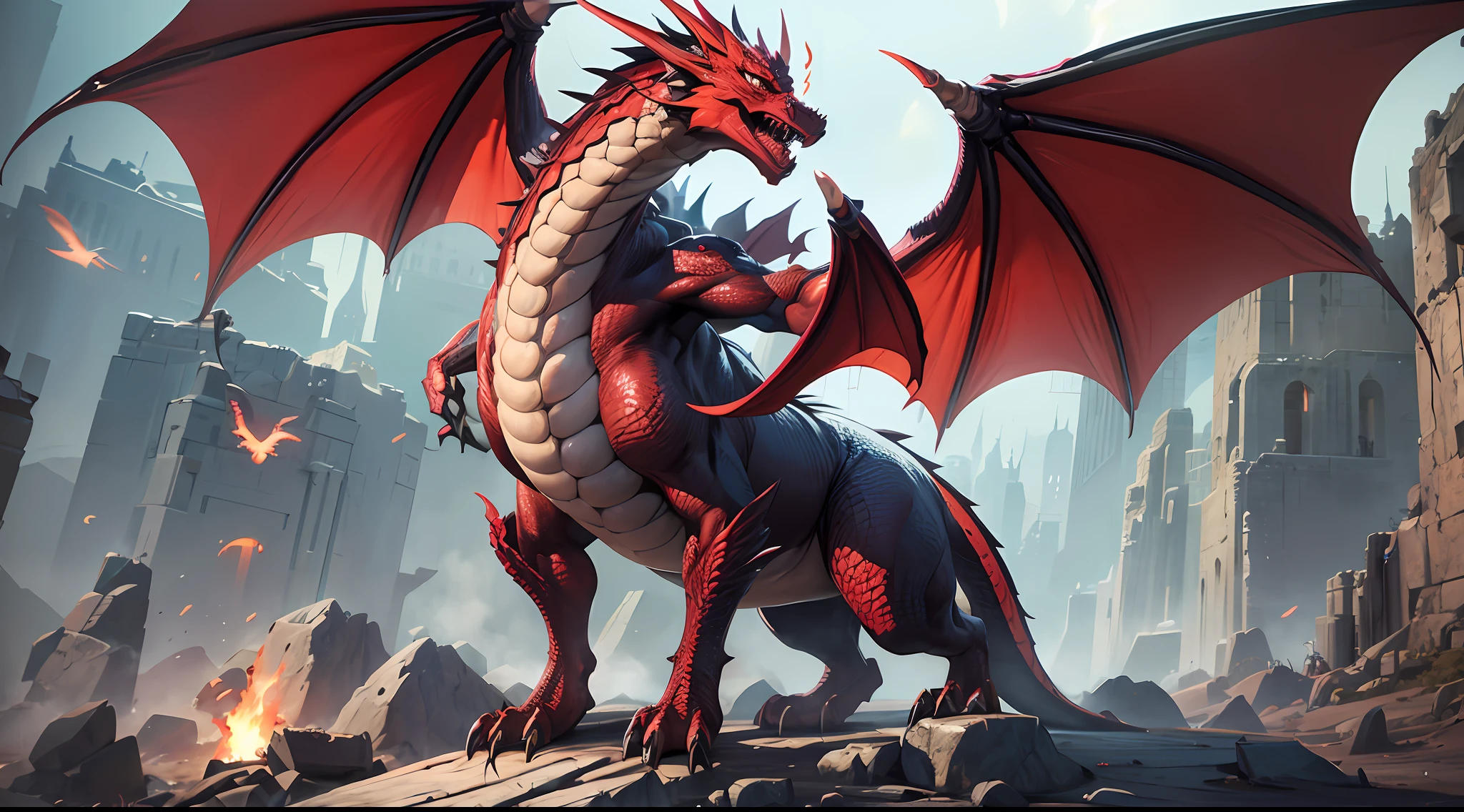 There is a dragon that is standing on a rock with a fire, dragon in dragon lair, red dragon, Unreal motor 4k papel de parede, a red dragon, motor irreal', Drogon, epic dragon, renderizado em unreal engine 4 k hq, renderizado em unreal engine 4k hq, unreal 5 motor renderizado, red and cinematic lighting, renderizado no Unreal Engine 5