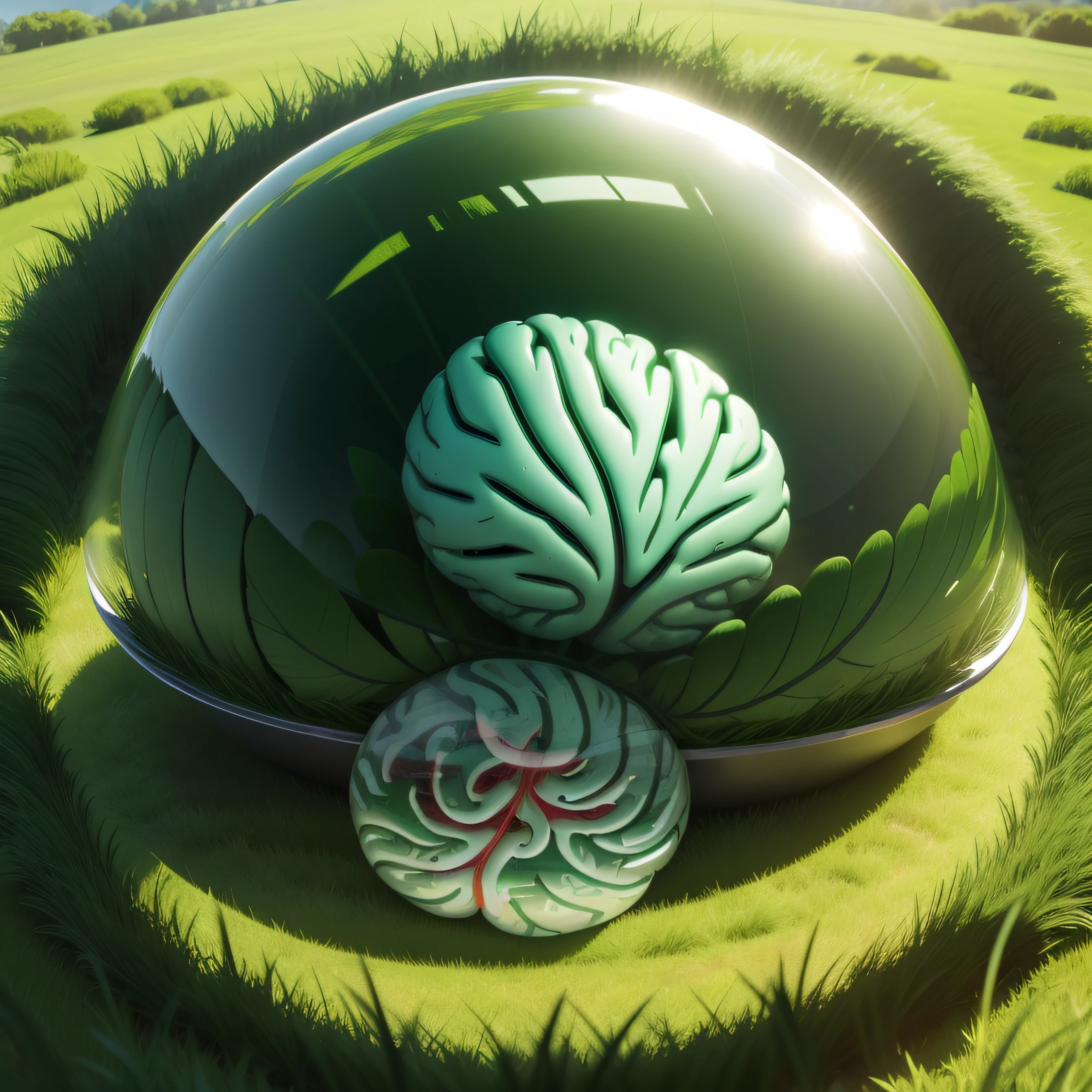 brain　green grass　semi transparent