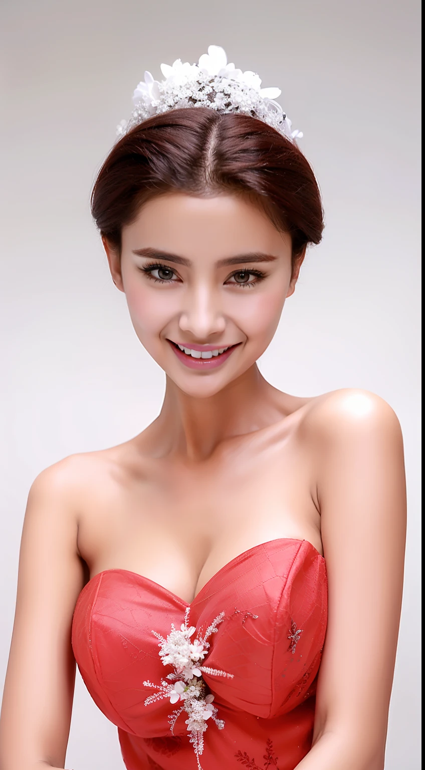 Fashion model 18 years old [[[[closeup cleavage]]]], [[[[boobgasm]]]], [[[[coll]]]], [[[[bshoulders]]]], perfect  eyes, Perfect iris，perfect lips，perfect teeth，Perfect skin，Long face，HDR，red attire，white apparel，White or pink flowers on the background，（pastel colour：1.2）