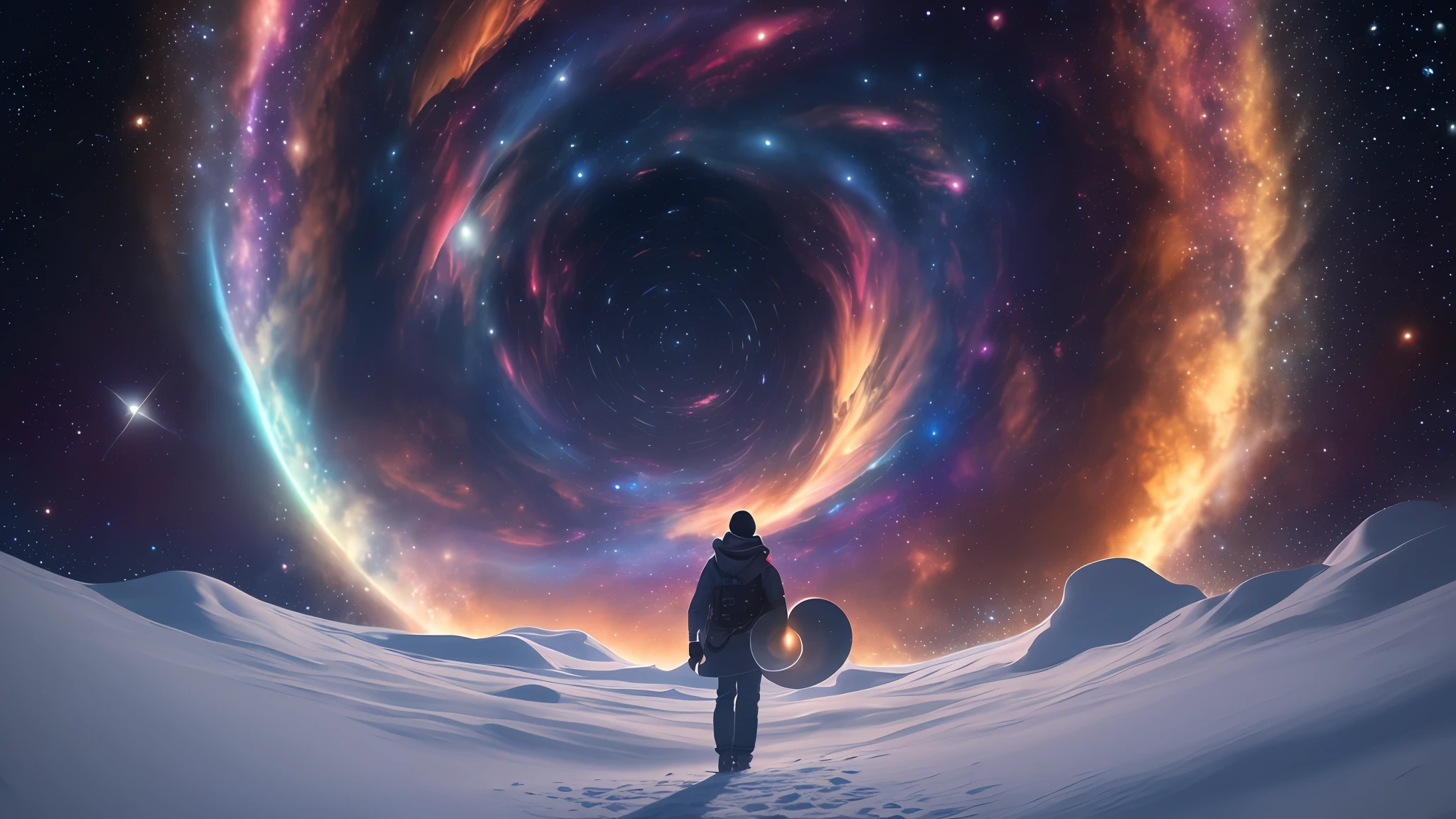 At the top of the White Planet,In front of a spiral vortex with a galaxy as the background,Magic portal in the sky,cloud vortex,A brilliant magical time portal,High level of detail in 32K,Hyper-detailing,Ultra-clear,hyper realisitc,ultra intricate,Photorealistic style