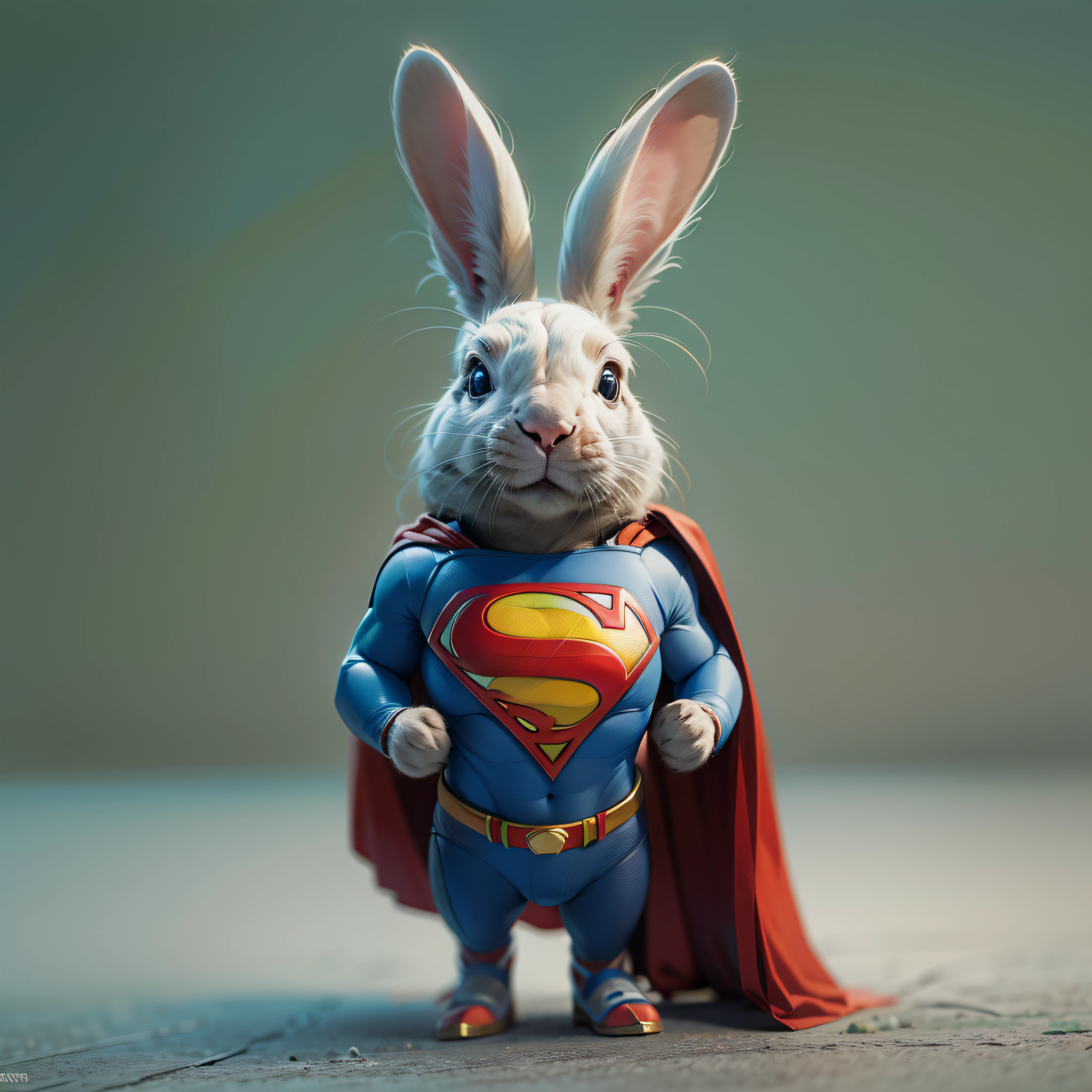 (Masterpiece, Superb Quality, Super Delicate, High Resolution) Superman bunny, photo-realistic, octane render, unreal engine, ultra-realistic