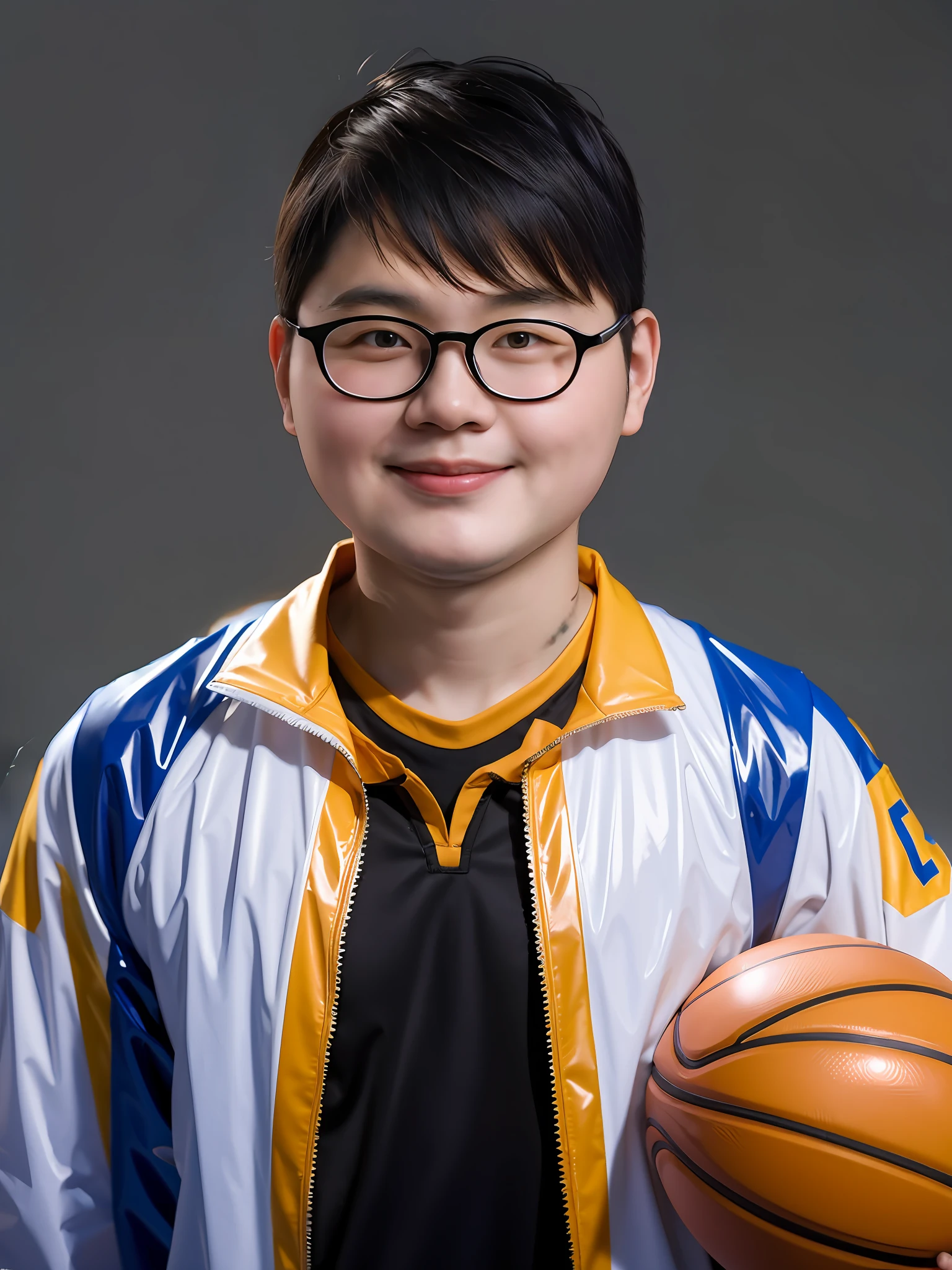 A Chinese male high school student，Wearing a PVC basketball uniform