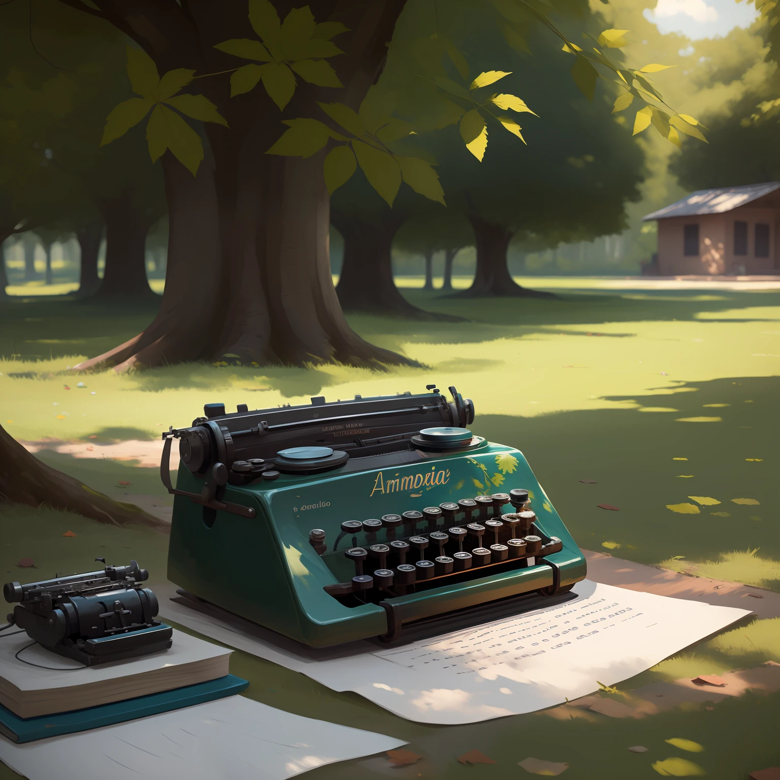 A child under a tree with a typewriter on the ground. Ambiente ensilado, Foto aproximada, foco na maquina de escrever, old strokes in the image.