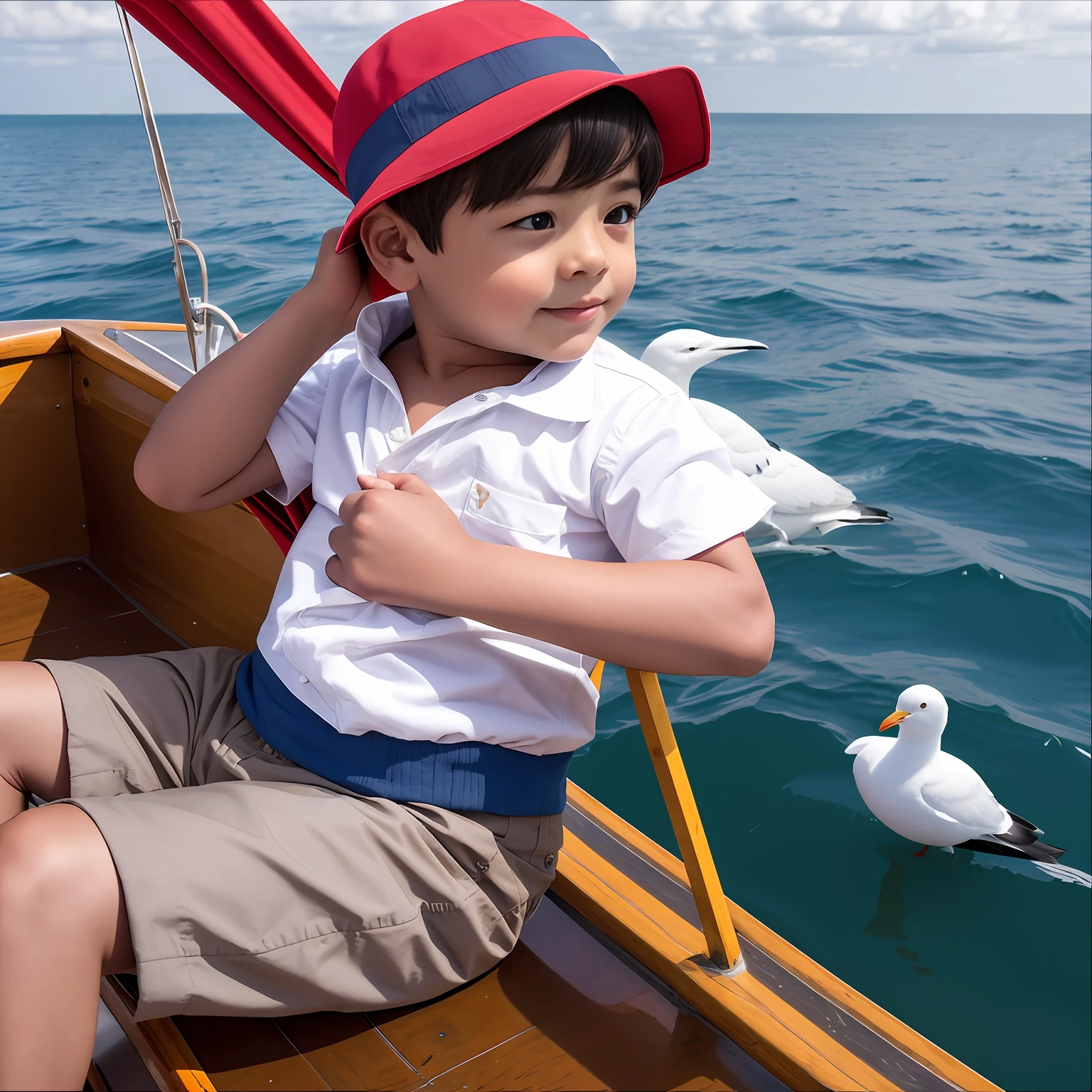 Boy in red hat sitting on boat and seagull, he's on an old sailing boat, On a boat, on the bow, On the sea, children's, On a yacht at sea, On the ocean, Set sail, sailor outfit, on a boat on a lake, relaxing on a yacht at sea, seagull wearing luigis hat, Cute boy