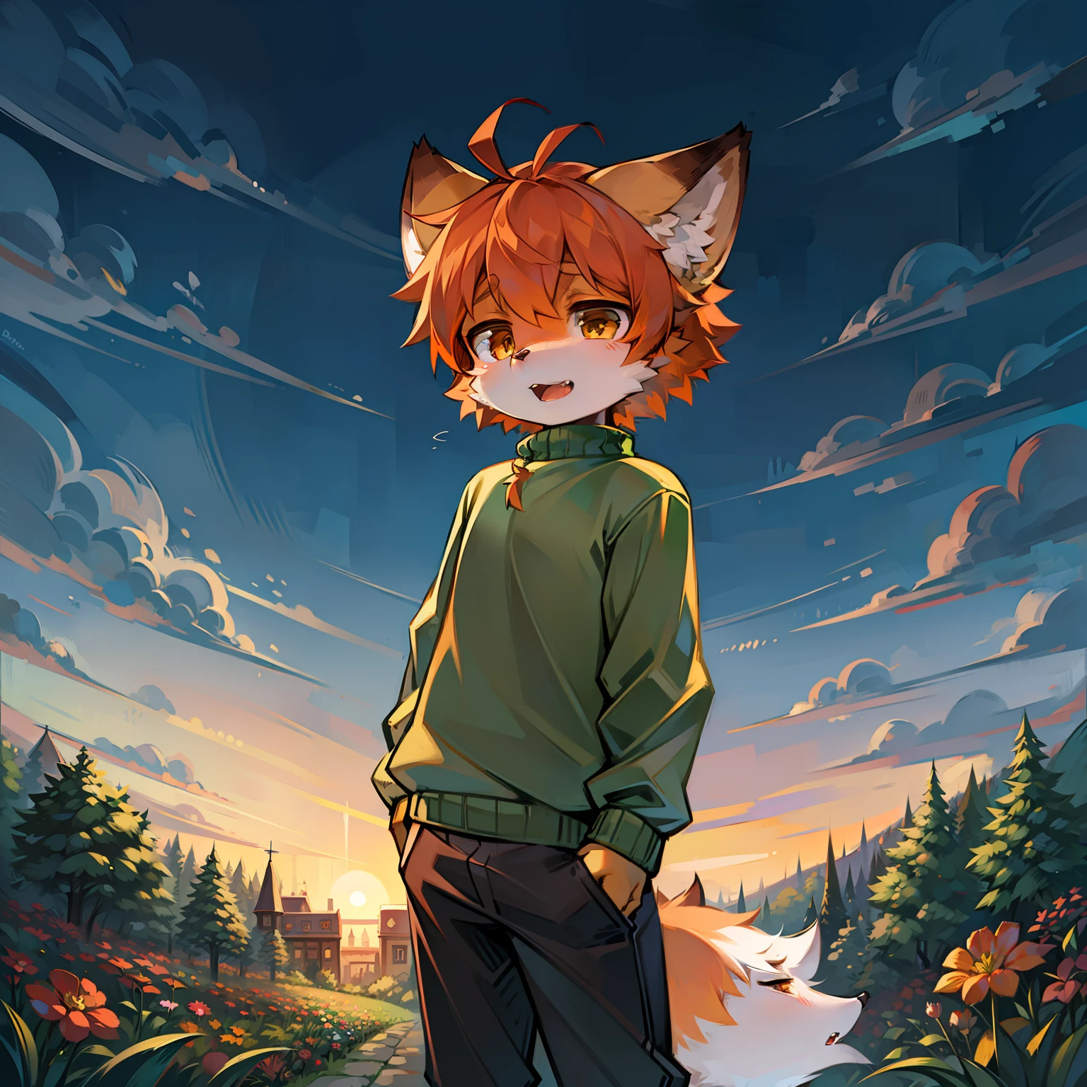 garden, short hair, brown hair, ahoge, lower body, child, furry, fox ears, open mouth, No spots, Cubs, Orange hairs all over, Orange fur all over, Fox ear, Fox type, Big fluffy tail, masterpiece, high quality portrait, anthro, cub, whiskers, solo child boy, windy, posing, full shot, ultra cute face, wearing cute oversized green sweater.