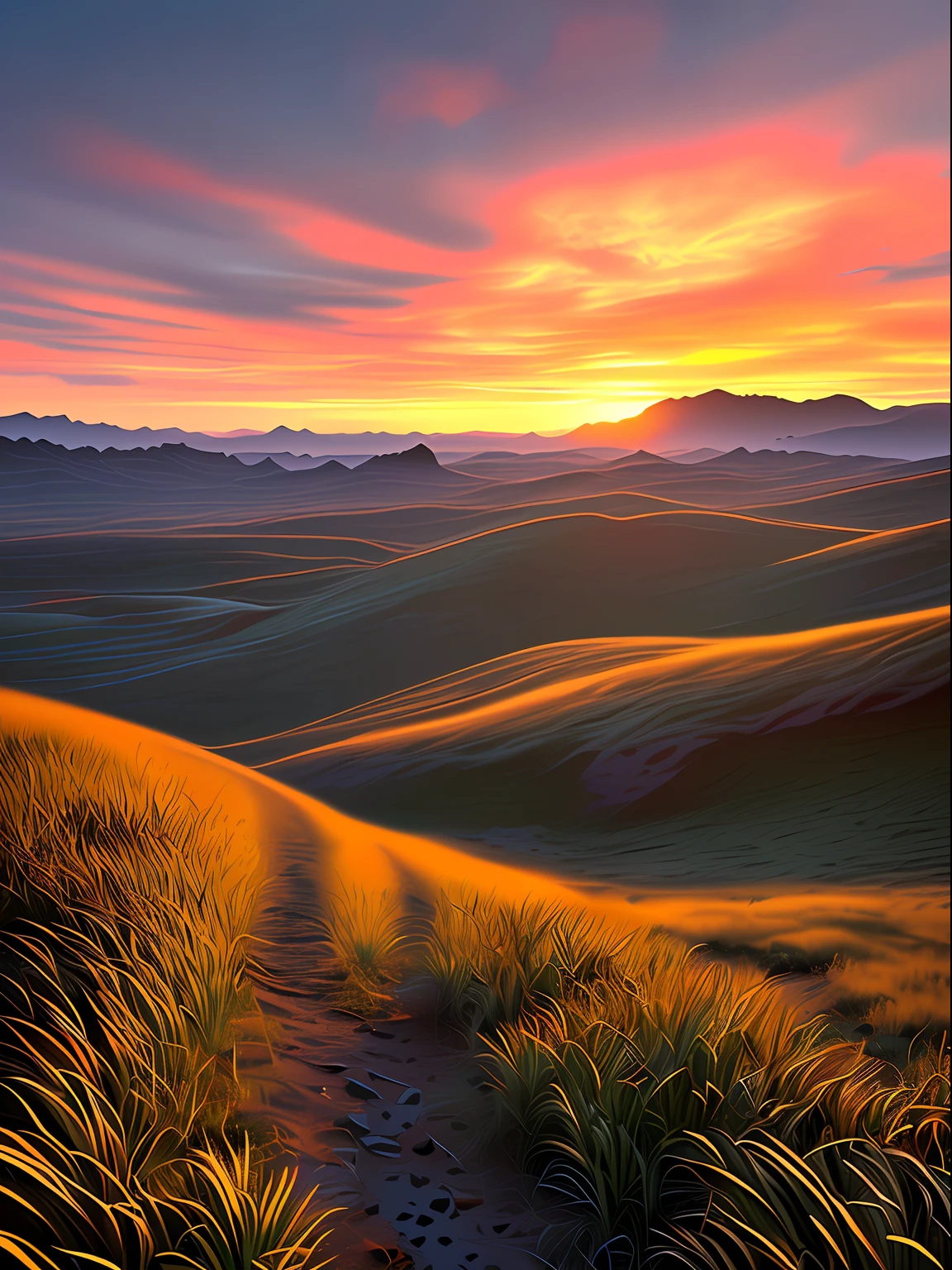 a stunning sunset vista landscape photography, Masterpiece, trending on CGSociety, 4K, 8K, HD, [art  stations:1], concept-art, Highly detailed, Sharp focus, [Subsurface scattering:1], art by Gabriel Lekegian and Abbas