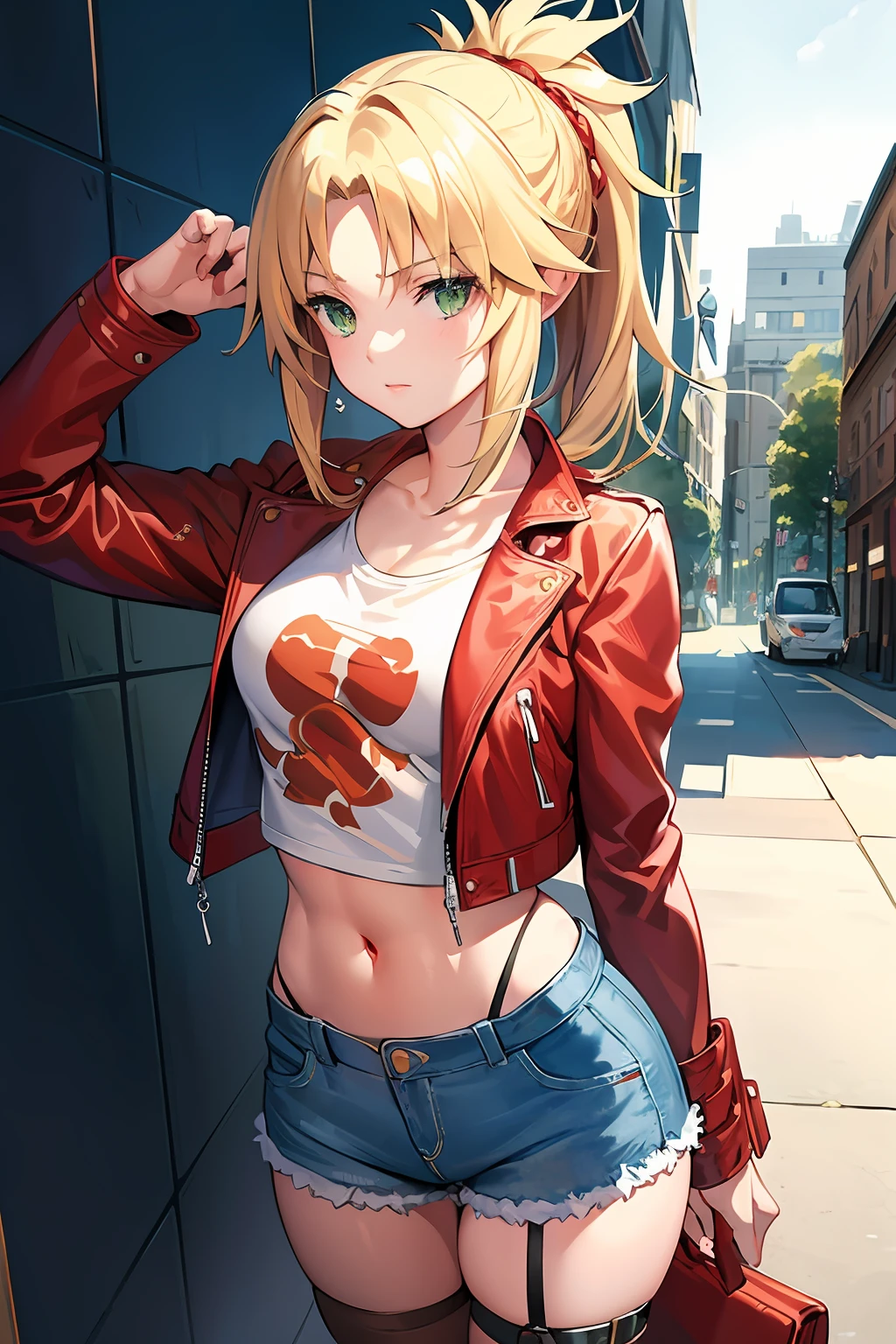 masterpiece, best quality, illustration, city street, 1girl, mordred \(fate\), cowboy shot, skinny, collarbone, detailed blonde hair ponytail braid, green eyes, red leather jacket, white crop top, denim shorts