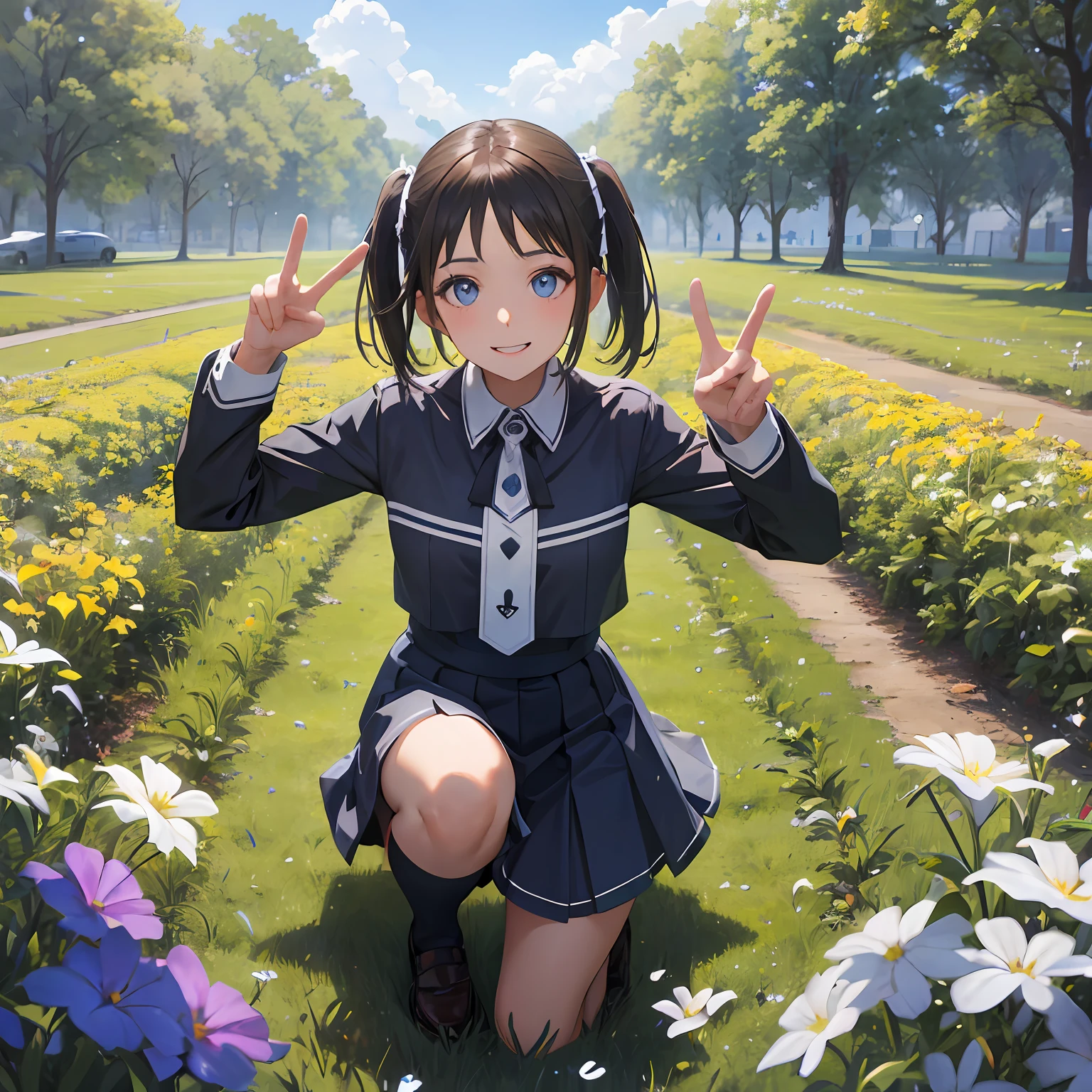 detailed reflecting eyes by professional digital painting, Ronye Arabel, solo, school uniform, beautiful pretty cute face, light smile, Turn toward us and make a V-sign, knees to chest, meadow, dynamic angle