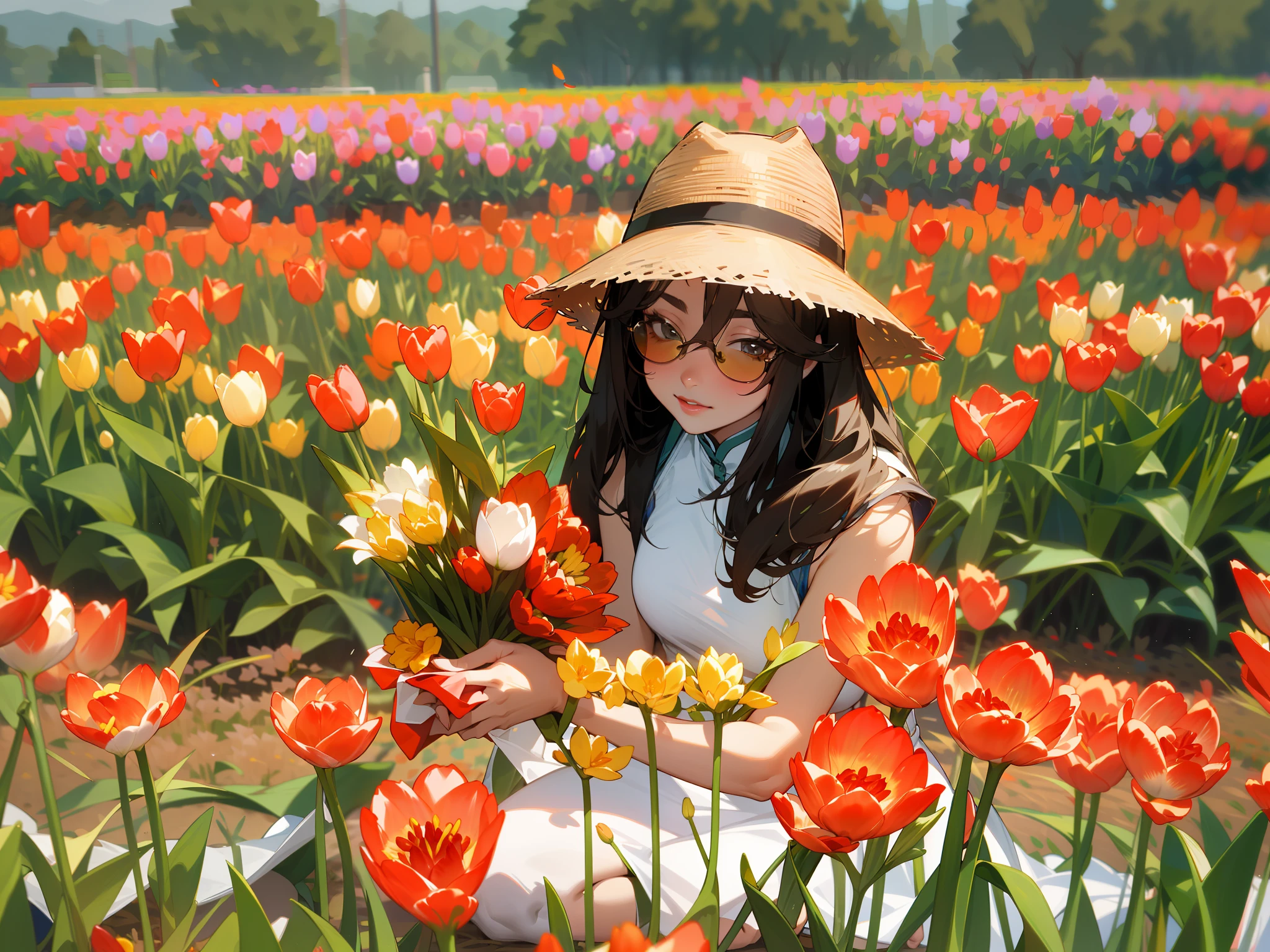 pretty 28 year old chinese woman wearing a sun hat and sunglasses kneeling in a field of tulips, tall and slim, wearing a white sleeveless halter dress, holding a bouquet of tulips, girl in a tulip field, girl in flowers, girl kneeling in a tulip field, in a field of flowers, picking flowers, girl in a flower field
