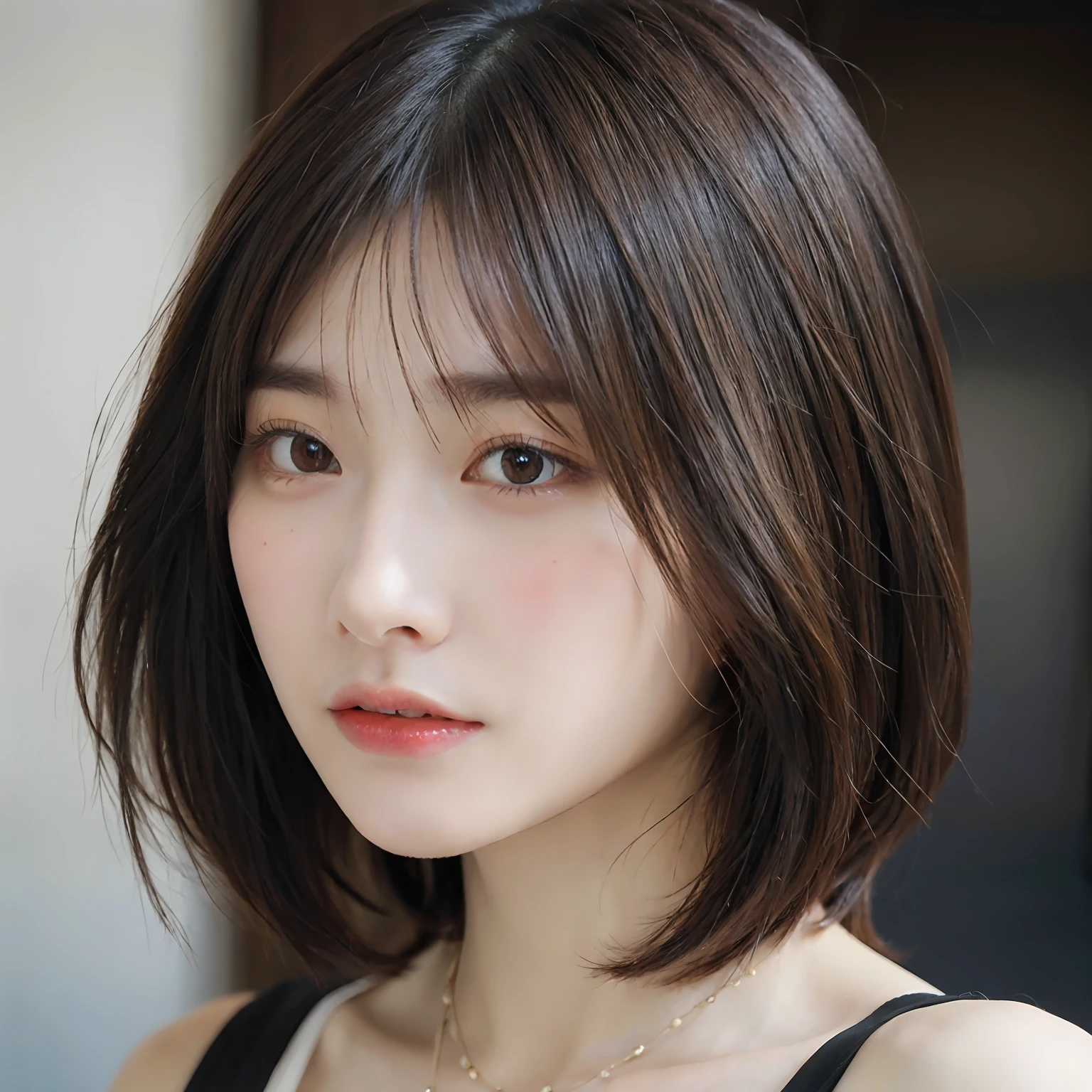 ((Layered Haircut、Colossal tits:1.2)),(photographrealistic:1.4), (Hyper realistic:1.4), (Realistic:1.3), (Smoother lighting:1.05), (increase cinematic lighting quality:0.9), 32K, 1girl in,25-years old, Realistic lighting, Backlighting, Light on Face, raytrace, (Brightening light:1.2), (Increase quality:1.4), (Top quality real texture skins:1.4), finely detailed eyes, finerly detailed face, (tired and sleepy and joy:0),a necklace, (Increase body line mood:1.1), (Increase the beauty of skin texture:1.1),Colossal tits,,The whole body is reflected