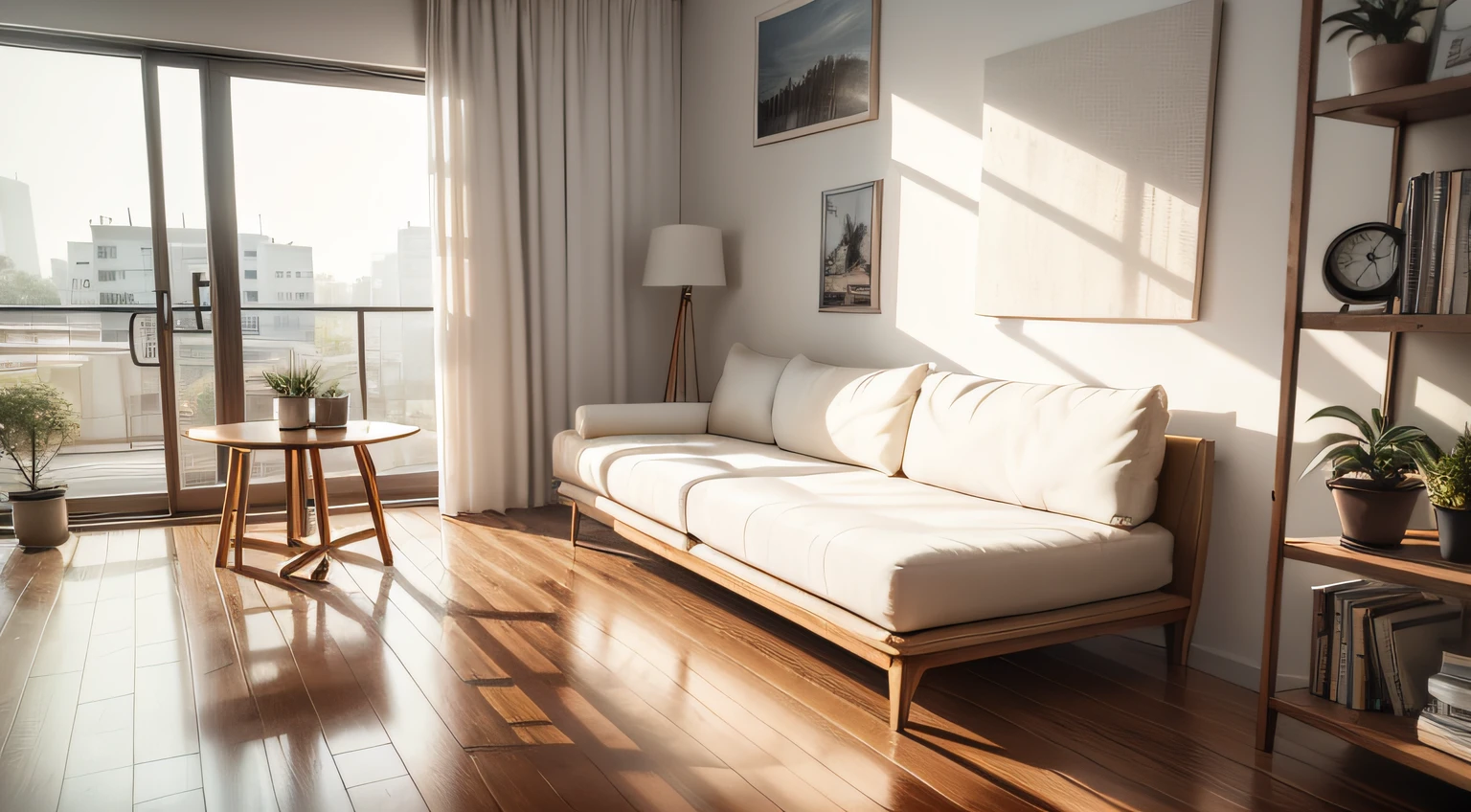 Simple sketch of a beautiful modern living room，white colors，A white sofa，Have minimal pictures on the wall，Linen curtains next to classroom windows， Modern wood，[ceiling with magnetic emissive lighting]，White fabric PRB texture，wooden floor PRB texture，There are three hangers hanging from the railing，inside in room，modern living room，carpets，wooden floor，janelas，窗帘，sunlights