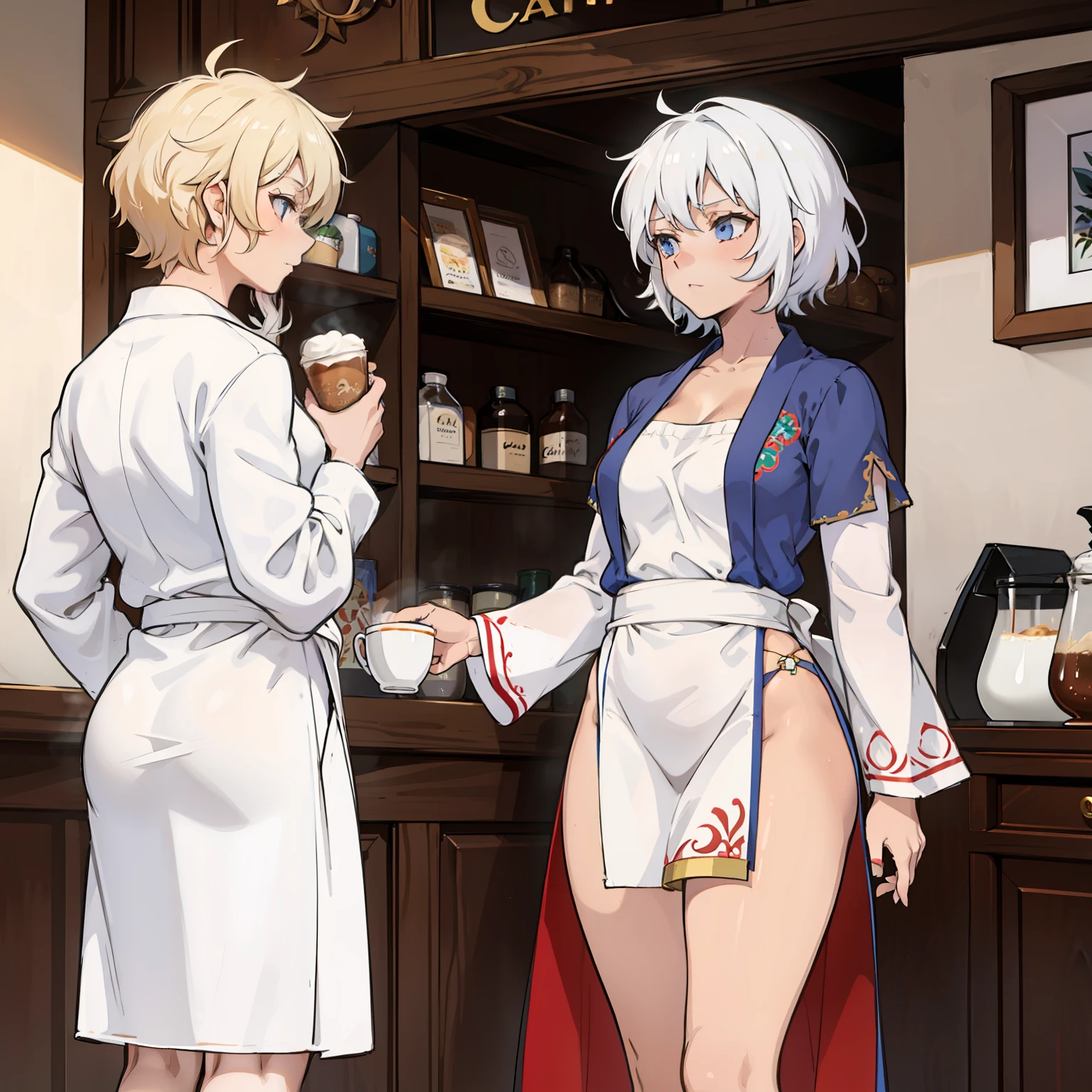 1woman, tanned skin, short white hair, muscular, (wearing embroidered robe), cafe