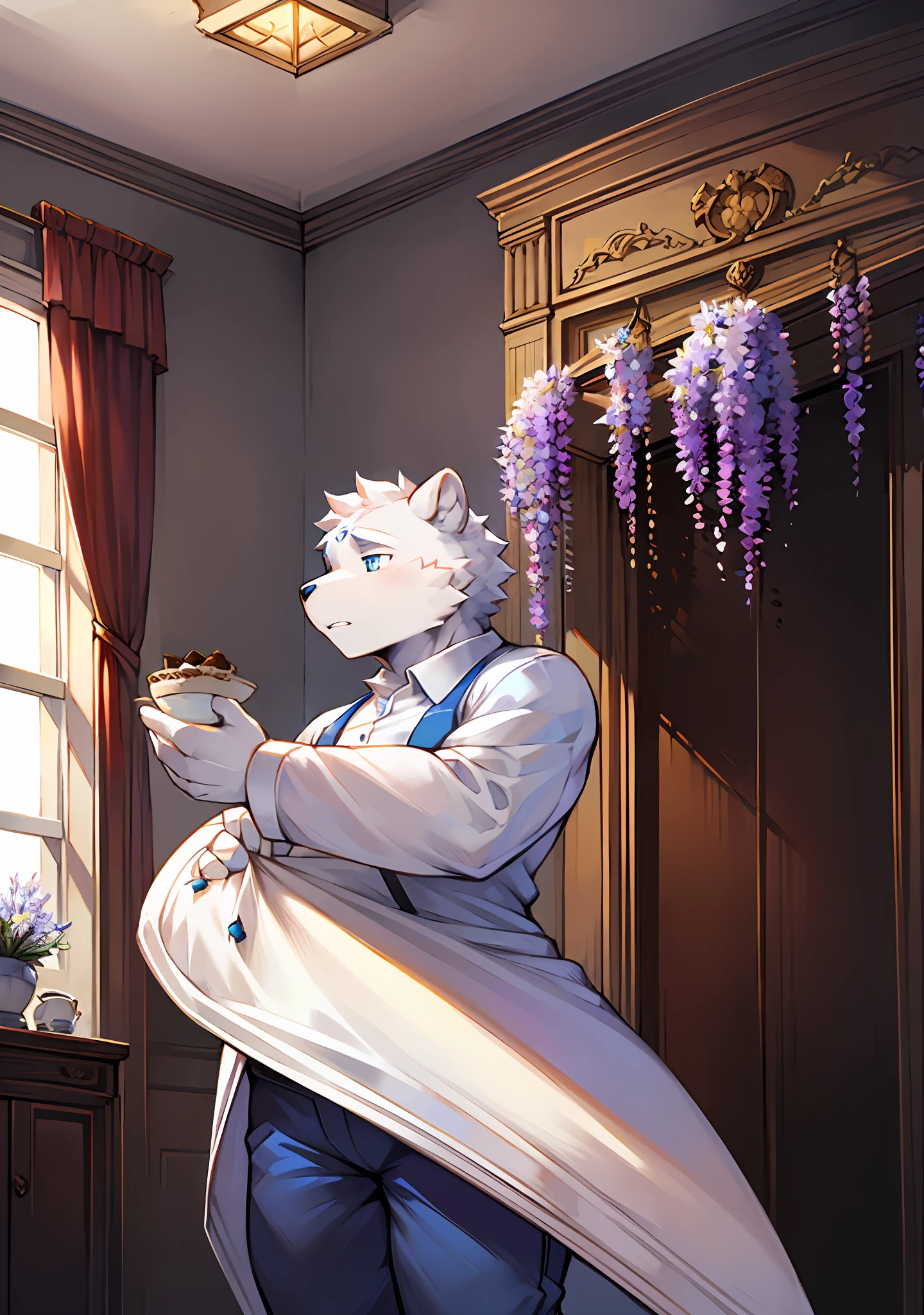 White bear type,Pastry chef,chocolate cake,black tea,Strong body,White tail,inside in room,janelas,Wisteria flowers climb up the window,Gender male,Tall and mighty,Blue eyes,The eyes have bright spots,white bear,Wears a white shirt underneath,blue short pants