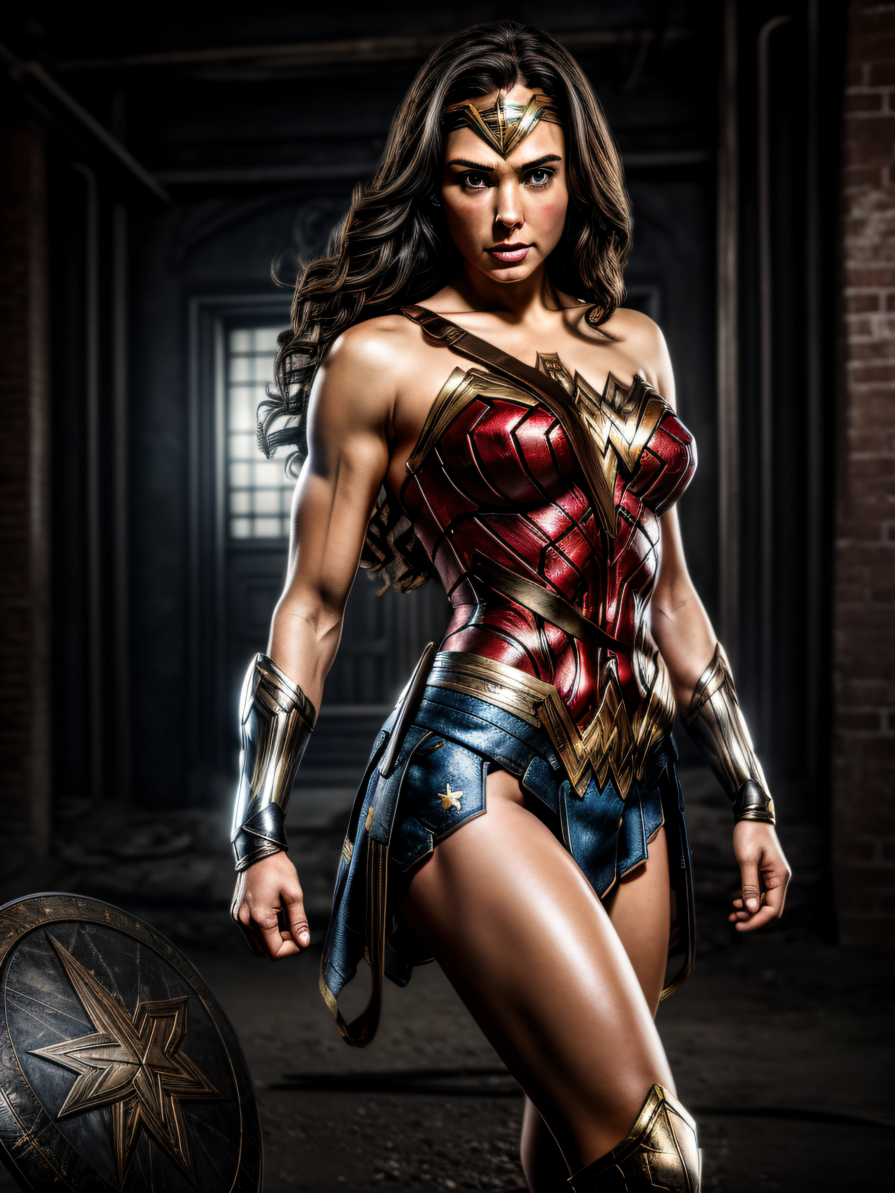 Wonder Woman Image, Dark Style Clothes, Female Character, Strong Physique, Wallpaper Style, Tabby, Detailed Image, Realistic, True to Series, Cinematic Setting, Dark Shadow Style, Realistic, Detailed, High Quality Resolution, Dark Style