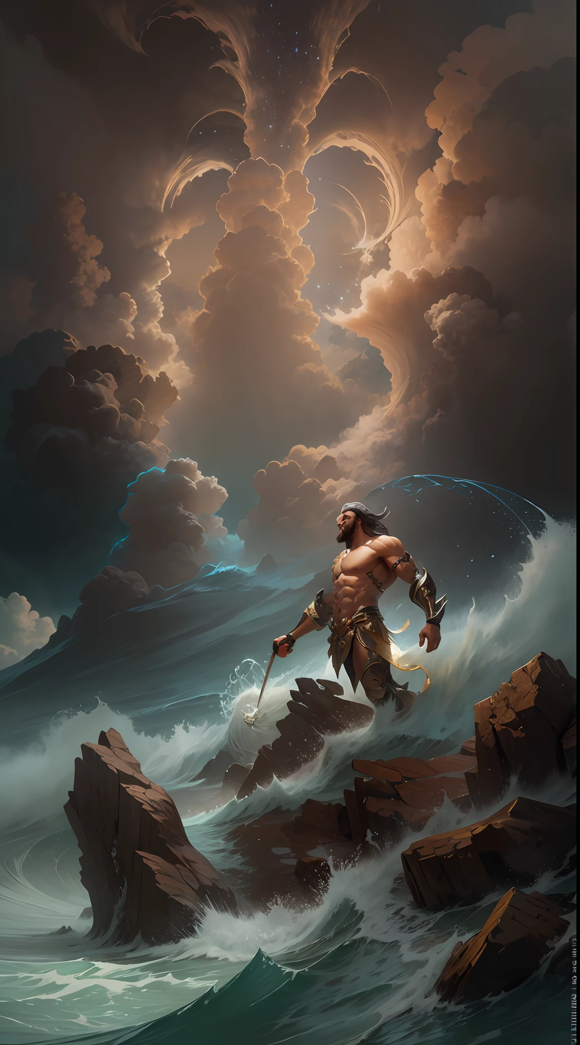 Ultra resolution 8K, Super resolution,[Poseidon emerging from the depths of the ocean in all his glory.( His imposing figure stands on a mountain of waves that break on the shore..: 1.1)., (mientras sus caballos marinos galopan con furia y gracia a su lado: 1.1), (La espuma salada se esparce a su paso, creating an ethereal halo around it:1.2),(tridente en las mano: 1.1)

(The atmosphere is full of strength and power), con los truenos resonando en el horizonte y el cielo oscurecido por nubes tormentosas. Sin embargo, en medio de esa intensidad, Poseidon maintains an unshakable calm, (emanando una presencia serena y dominante:1.1).]