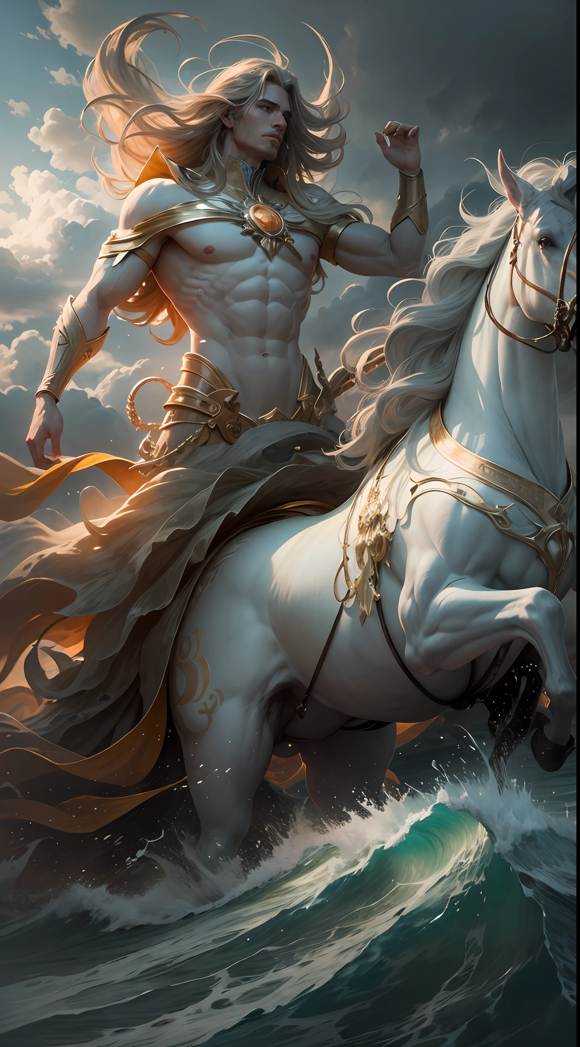 Ultra resolution 8K, Super resolution,[Poseidon emerging from the depths of the ocean in all his glory.( His imposing figure stands on a mountain of waves that break on the shore..: 1.1)., (mientras sus caballos marinos galopan con furia y gracia a su lado: 1.1), (La espuma salada se esparce a su paso, creating an ethereal halo around it:1.2),(tridente en las mano: 1.1)

(The atmosphere is full of strength and power), con los truenos resonando en el horizonte y el cielo oscurecido por nubes tormentosas. Sin embargo, en medio de esa intensidad, Poseidon maintains an unshakable calm, (emanando una presencia serena y dominante:1.1).]