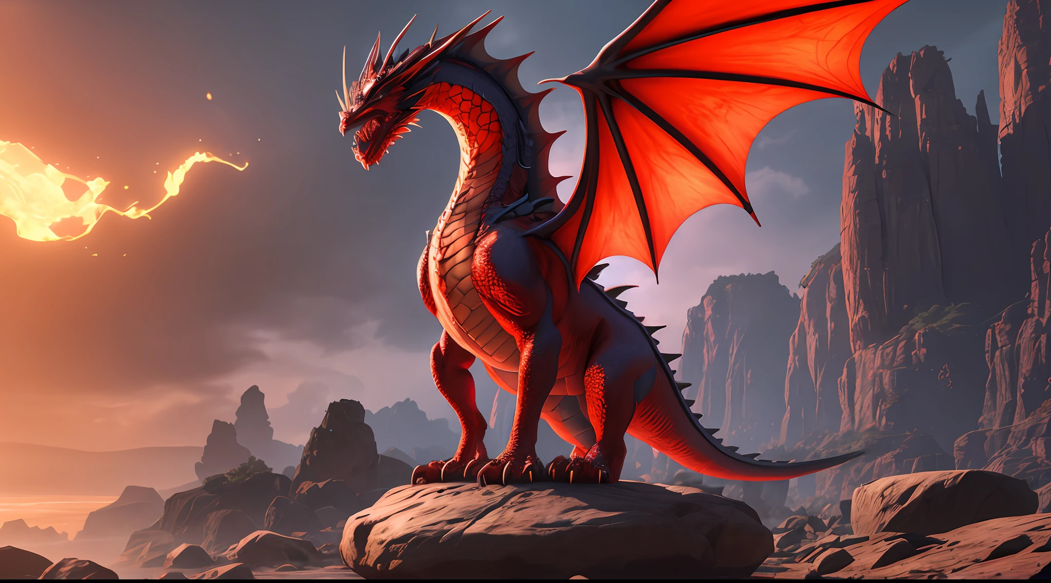 There is a dragon that is standing on a rock with a fire, dragon in dragon lair, red dragon, Unreal motor 4k papel de parede, a red dragon, motor irreal', Drogon, epic dragon, renderizado em unreal engine 4 k hq, renderizado em unreal engine 4k hq, unreal 5 motor renderizado, red and cinematic lighting, renderizado no Unreal Engine 5