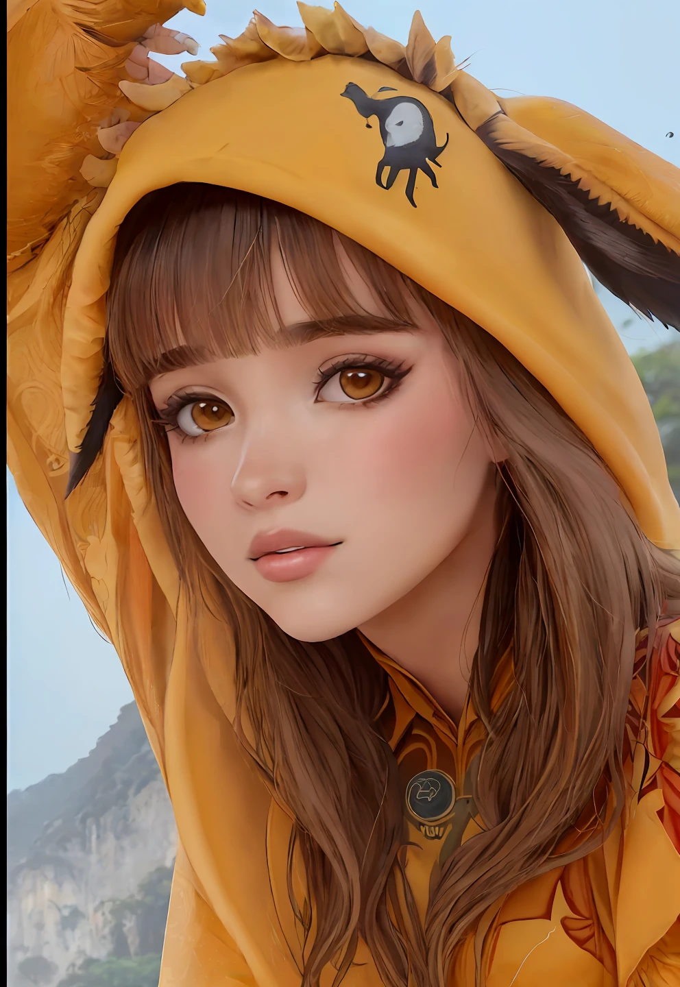 Araffe em um traje amarelo com um nariz preto e orelhas, Belo Thorne, muito bonita gatinha fofa, Lalisa Manobal, Ruan Vtuber Fofo, dilraba dilmurat, pele laranja fofa, ela tem um rosto bonito, Pokimane, ela tem um rosto expressivo bonito, gatinha jovem bonita, franja de cortina, pele laranja