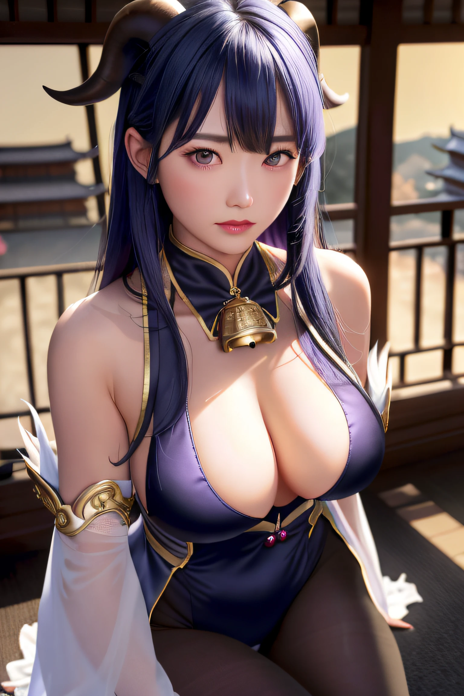 Masterpiece, (Photorealistic:1.5), Best quality, Beautiful lighting, Real life,

Ganyu \(Genshin Impact\), 1girll,，(little breast)， ahoge, architecture, bangs, Bare shoulders, bell, Black gloves, Black pantyhose, (Blue hair), Blush, Breasts, Chinese knot, Detached sleeves, east asian architecture, flower knot, mitts, Horns, Long hair, view the viewer, Medium breasts, Neckbells, Night, Outdoors, Pantyhose, Purple eyes, side locks, Solo, nipple tassels,  White sleeves, (Ulzzang-6500:0.5)

, Intricate, High detail, Sharp focus, Dramatic, Beautiful girl , (RAW photo, 8K  UHD, filmgrain), Caustics, Subsurface scattering, Pondering