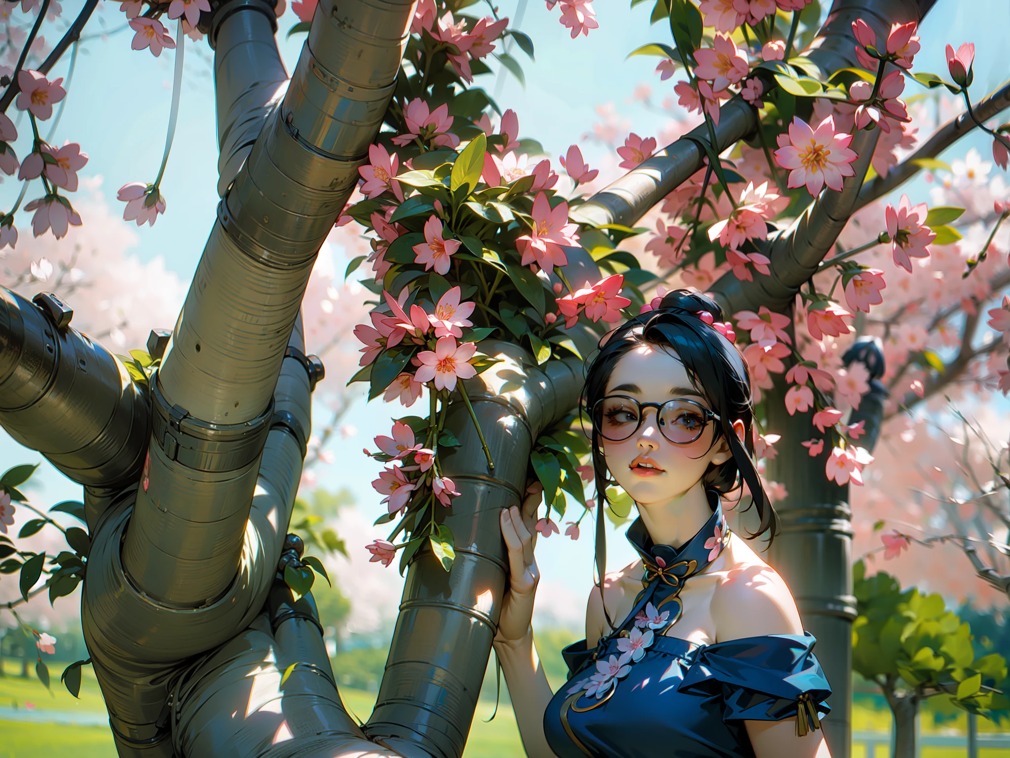 a pretty chinese woman in a blue strapless denim dress standing next to a tree with pink flowers, the woman is tall and slim and wearing dark sunglasses, cherry tree in the background, under sakura tree, photo taken with canon 5d, sakura season, with flowers, sakura tree in background, photo 85mm, photo taken with nikon d750, photo taken with nikon d 7 5 0, girl in flowers