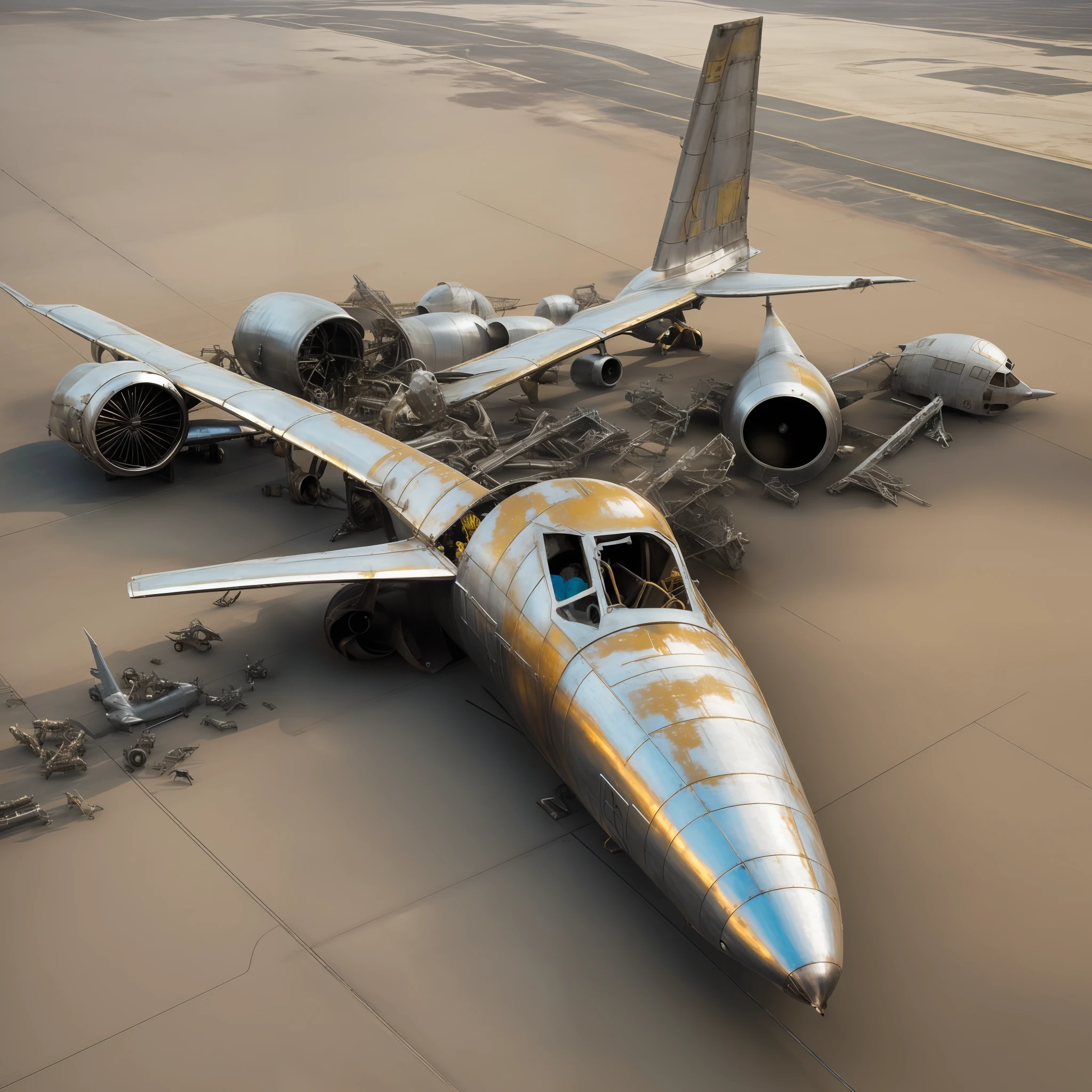 foto, only one, Airplane displayed on a runway, fuselaje oxidado detallado, (metal 1:2), fuselaje detallado, fotorealista, piesta destruida, planeta despues de la extincion humana