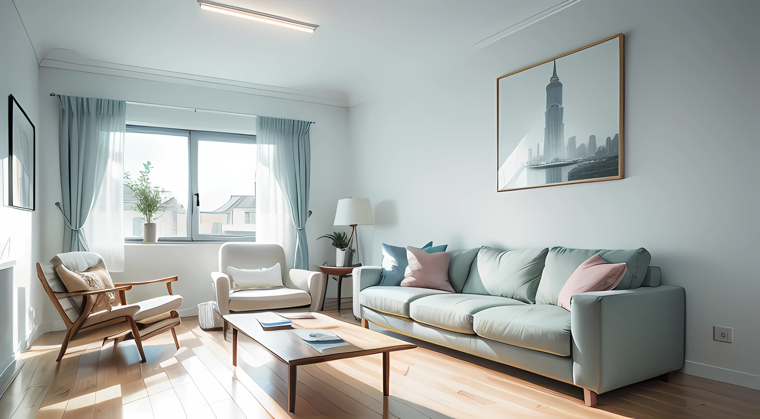 Simple sketch of a beautiful modern living room，white colors，（（（foster and partners，artist impression，artistic impression，Hamish MacDonald，Carey Morris，David Brewster，Higher detail illustration，Helen Berman，illustratio，A detailed illustration，Nick Fudge，Warren Mahi，artist impression））），A white sofa，Have minimal pictures on the wall，Linen curtains next to classroom windows， Modern wood，[ceiling with magnetic emissive lighting]，White fabric PRB texture，wooden floor PRB texture，There was a man with a bag and a pair of scissors, a picture by Sengai, unsplash, sōsaku hanga, Wang Chen, 2 colours, cheerful mood, Hanging, Arc, rendering, elegant wardrobe, h. Show on the. D, Product display, jia, : 5 stylish, 9 0 mm, 90mm