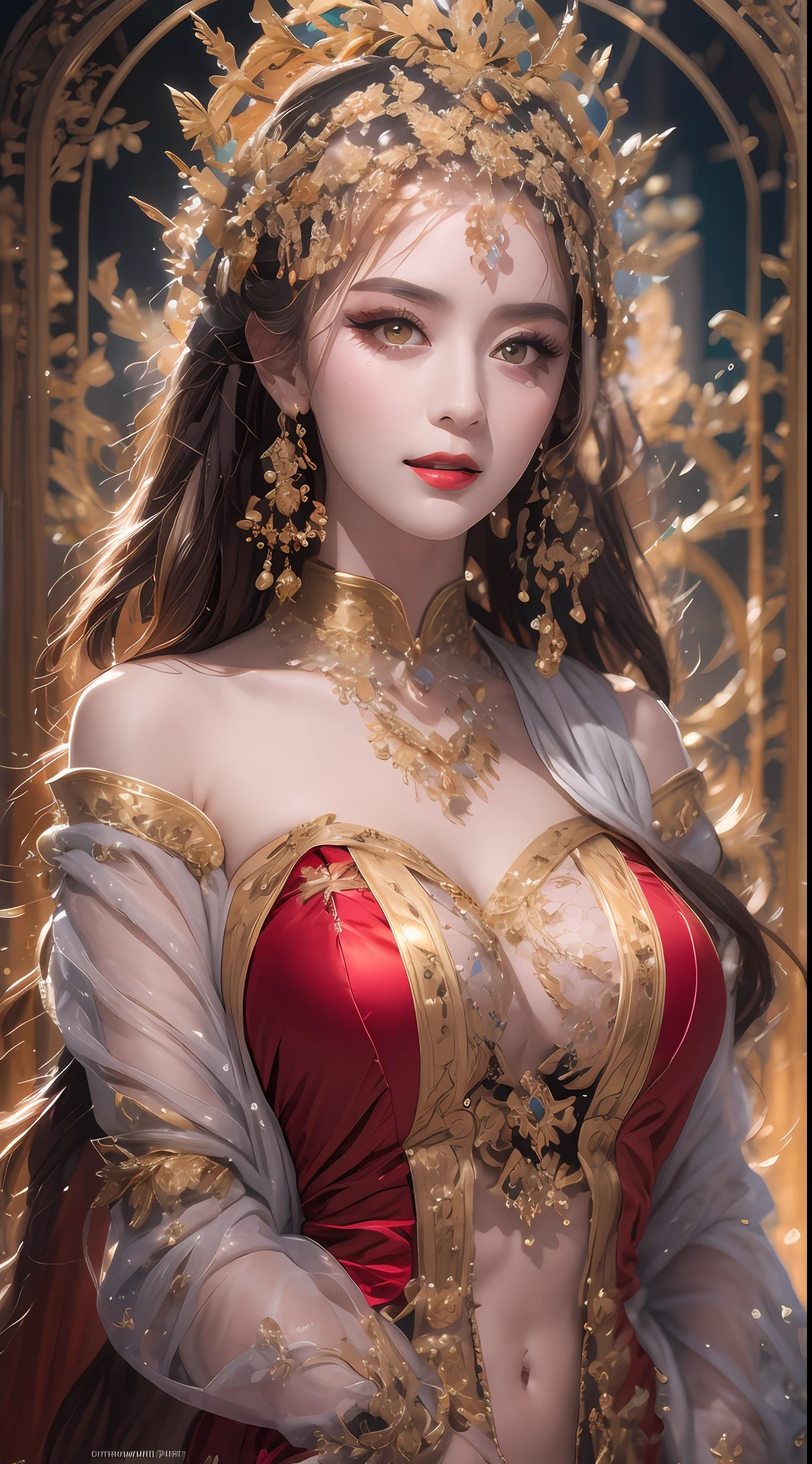 1 beautiful 27-year-old saint, charming adult saint in a long dress made of thin silk, flawless beautiful face, adult, wearing a thin multicolored silk dress, beautiful face without blemishes, (((Natural smile:1.0))), ((flat bangs:0.5)), (((platinum long hair:0.5))), big crown, hair brooch, hanfu dress, fanciful hanfu style, full body jewelry, forehead tattoo, super even chest, beautiful and pretty face, The most beautiful and detailed light red lipstick, ((Thin plump lips:0.3)), ((Golden Eyes color:1.2)), Detailed and delicate lighting effects, light and dark, dramatic lighting, magical light, extremely detailed light, true color, super sharp, realistic, 8k quality, fantasy universe background, saints and magical space, the most detailed images, ((Solo:0.3)), ((a saintess:0.6)), ((looking directly at the saint's upper body:0.4)), upper body, ((smooth skin:0.5)), ((the holy woman's veil:0.6)), ((solo:0.5)), ((alone girl:0.4)), female saint portrait, short images, Upper body portrait, [open mouth], Digital Realistic, ((fanciful red smoke effect:1.2)),