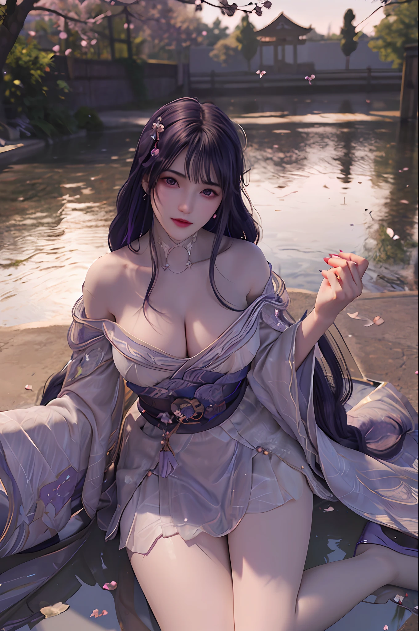 delicated best quality ,masterpiece, illustration, an extremely delicate and beautiful, extremely detailed ,CG ,unity ,8k wallpaper, Amazing, finely detail, masterpiece,best quality,official art,extremely detailed CG unity 8k wallpaper,absurdres, incredibly absurdres, huge filesize , ultra-detailed, highres, extremely detailed,beautiful detailed girl, extremely detailed eyes and face, beautiful detailed eyes,light on face,1girl, (raiden shogun/genshin impact), (Super realistic), ((( purple hair))), (low ponytail braided hair), (purple eyes), ( one the moles under eyelids), (Detailed description of the eye), ((jewelry)), (slave necklace), (((describe the arm in detail))), (((Super boobs))), ((Big ass)), ((thighs)), ((Plump body)), (Big breasts), ((Plump boobs)),, (detailed description of hair), jewelry, (gem earrings), ((upper body)), (Bare shoulder), ((collarbone)), ((offshoulder)), (Shiny skin), (Detailed description of eyes), (detailed description of face), (detailed description of body), (white and translucent skin), peerless beauty, (extreme beauty), (red lips), (shy ), ( smile), (facing the viewer), ((facing)), (((cherry blossom))), (falling petal), ((kimono)), ((long sleeves)), ((wide sleeves)), ((sea)), (Japanese Shinto Shrine), (Diving), (lying on the sea surface), the water surface is reflective, (any pose), (((soaked))), ((girl submerged in water)), ((There is a lot of water on the body))