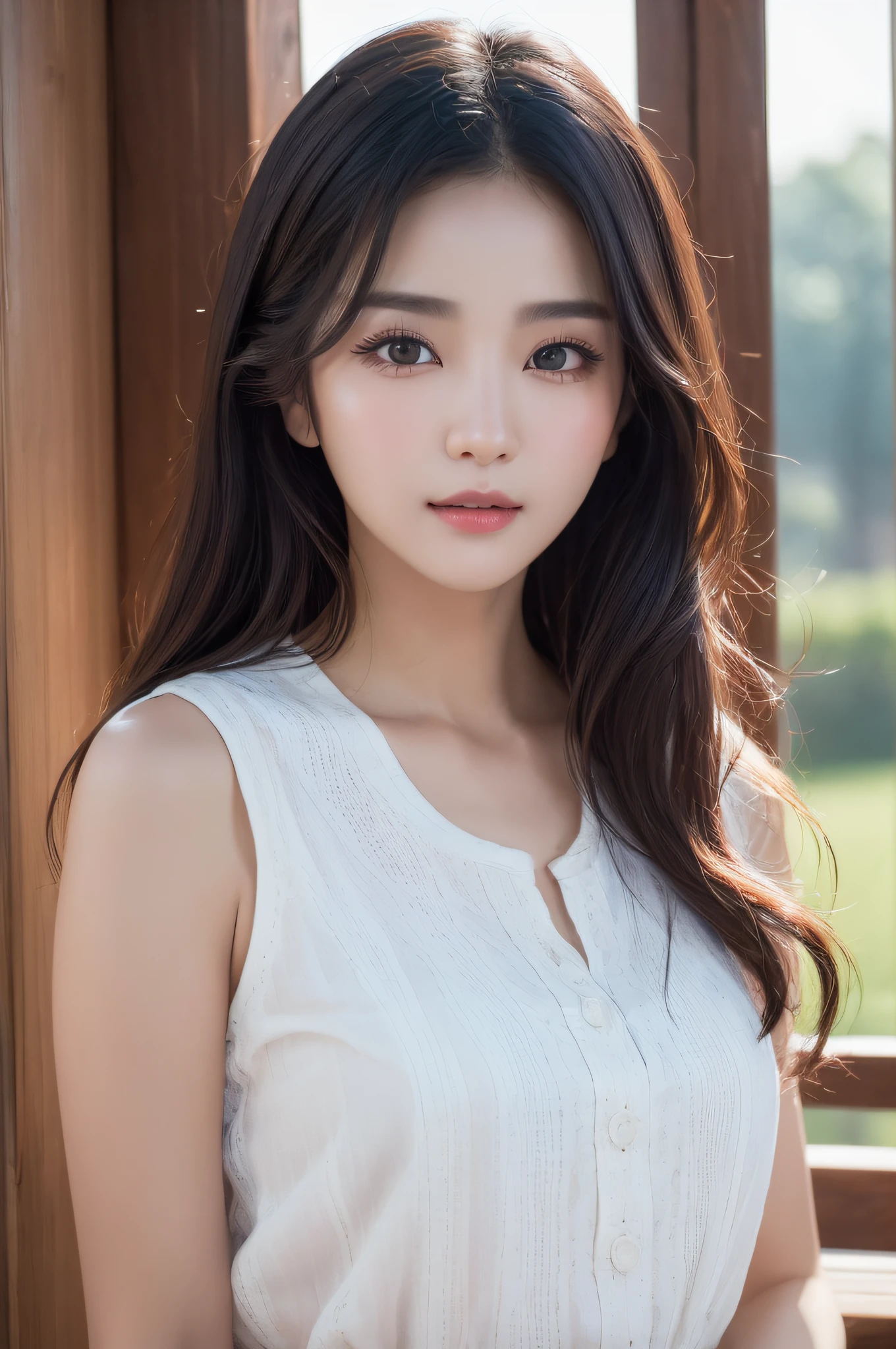 ((best qualtiy、8k masterpieces:1.3))、foco nítido:1.2、(ultra beautiful faces:1.0)、(shinny skin:1.0)、photos realistic、A dark-haired、Video Lighting、High-definition eyes and face、Video Lighting、(cowboy shot:1.3)、(Korean Cute Actress)、from the front side、medium large breasts、ssmile、Sleeveless、Wearing a white blouse